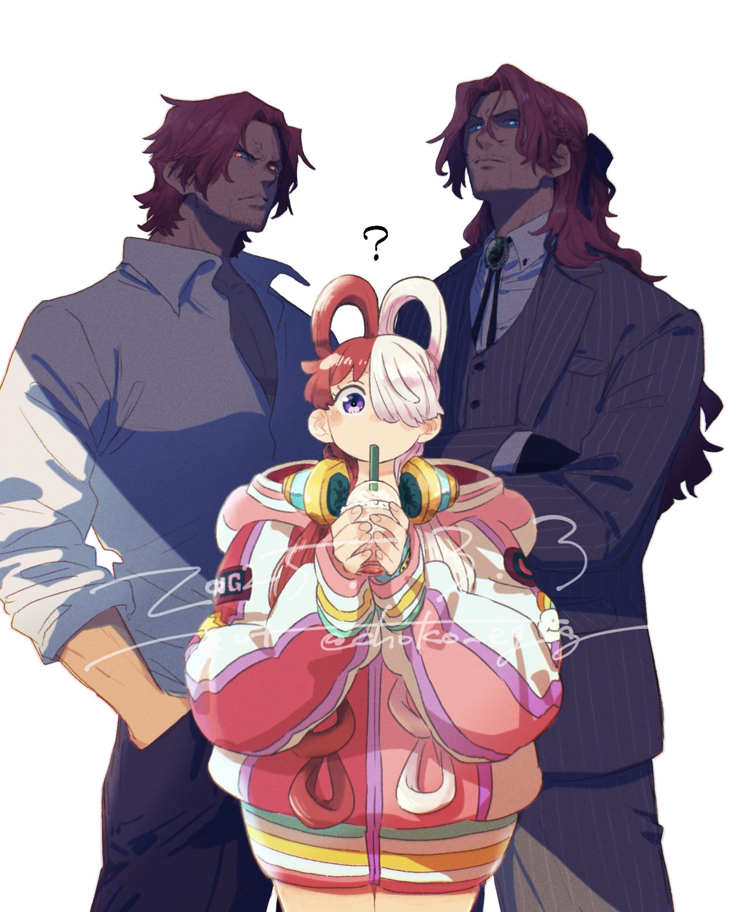 choko egg, figarland shamrock, shanks (one piece), uta (one piece), one piece, highres, 1girl, 2boys, :3, ?, blue eyes, brothers, collared shirt, drink, facial hair, hair over one eye, holding, holding drink, long hair, looking at viewer, multicolored hair, multiple boys, purple eyes, red eyes, red hair, shaded face, shirt, short hair, siblings, twins, two-tone hair, uncle and niece, white background, white hair, white shirt