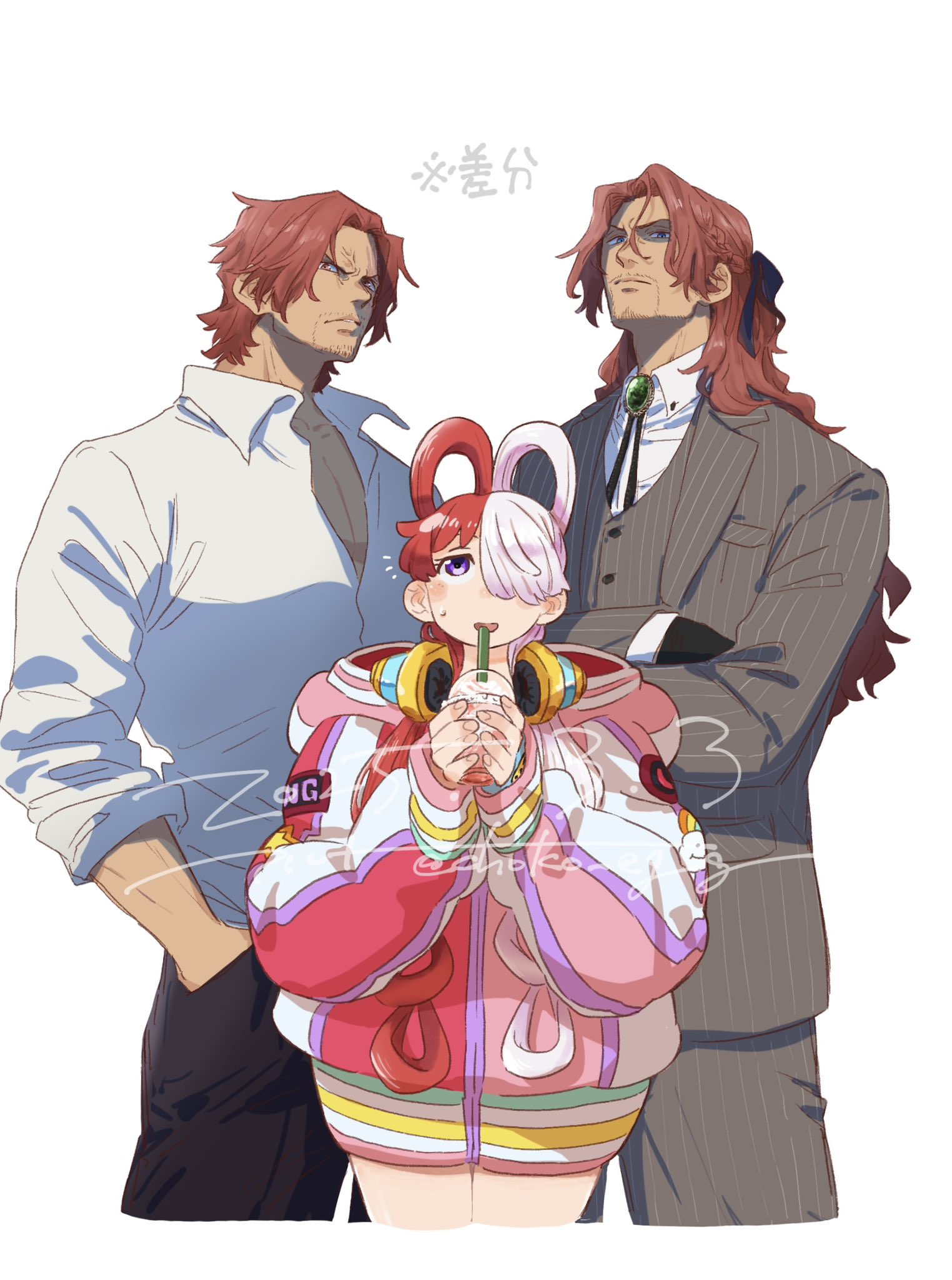 choko egg, figarland shamrock, shanks (one piece), uta (one piece), one piece, highres, 1girl, 2boys, blue eyes, brothers, collared shirt, drink, facial hair, hair over one eye, holding, holding drink, long hair, looking at viewer, multicolored hair, multiple boys, purple eyes, red eyes, red hair, shirt, short hair, siblings, surprised, sweat, twins, two-tone hair, uncle and niece, white background, white hair, white shirt