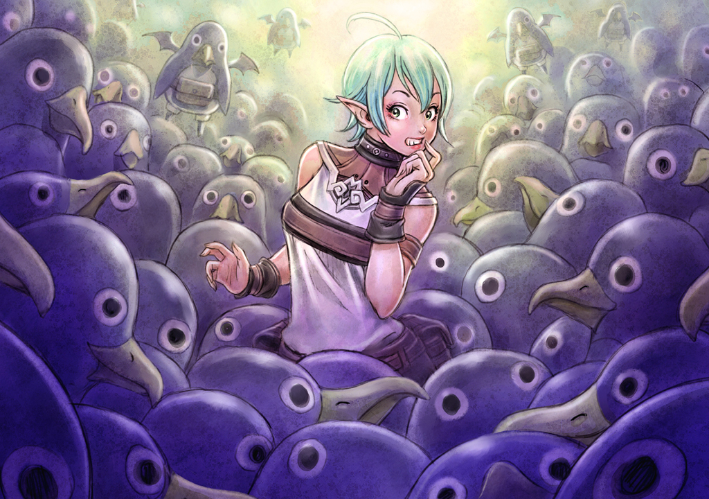 yamashita shun'ya, female warrior (disgaea), prinny, nippon ichi, phantom kingdom, 1girl, ahoge, aqua eyes, aqua hair, armband, bag, bat wings, bird, clenched teeth, female focus, finger to mouth, flying, green hair, lipstick, makeup, nervous, penguin, pointy ears, satchel, short hair, solo, teeth, too many, turtleneck, wings