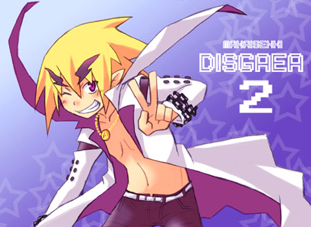 tsuyuka (sunny spot), akutare (disgaea), axel (disgaea), disgaea, makai senki disgaea 2, makai senki disgaea 3, nippon ichi, lowres, 1boy, blonde hair, blue background, coat, copyright name, grin, jewelry, male focus, necklace, one eye closed, open clothes, open shirt, pants, purple eyes, shirt, short hair, smile, solo, star (symbol), star symbol background, v