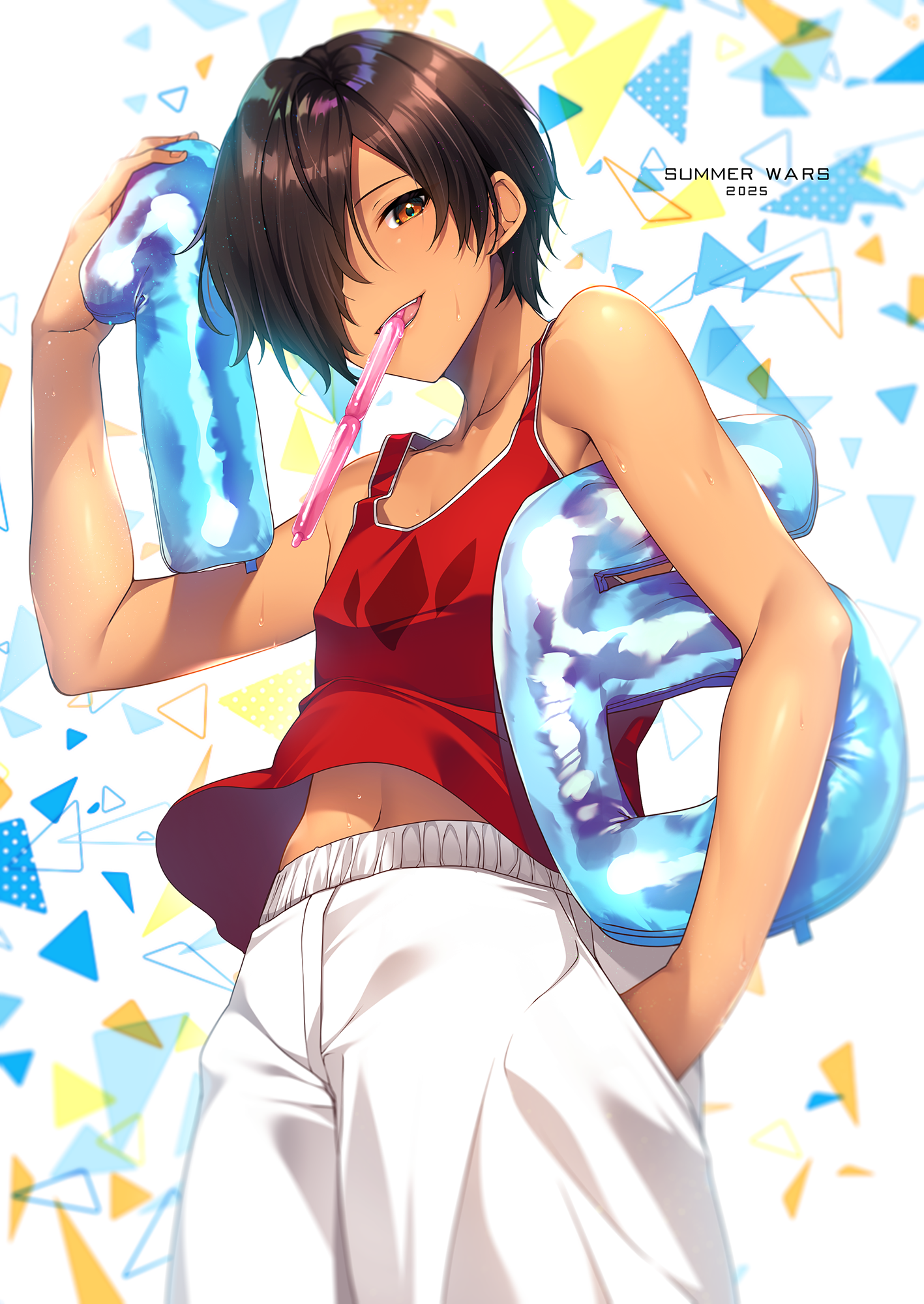 kagetsu kei, ikezawa kazuma, summer wars, commentary request, highres, 1boy, 2025, abstract background, arm up, balloon, biting, blurry, brown eyes, brown hair, collarbone, copyright name, cowboy shot, dark-skinned male, dark skin, depth of field, hair over one eye, hand in pocket, holding, holding balloon, looking at viewer, looking down, male focus, navel, number balloon, one eye covered, open mouth, red tank top, short hair, shorts, solo, standing, tank top, teeth, white shorts