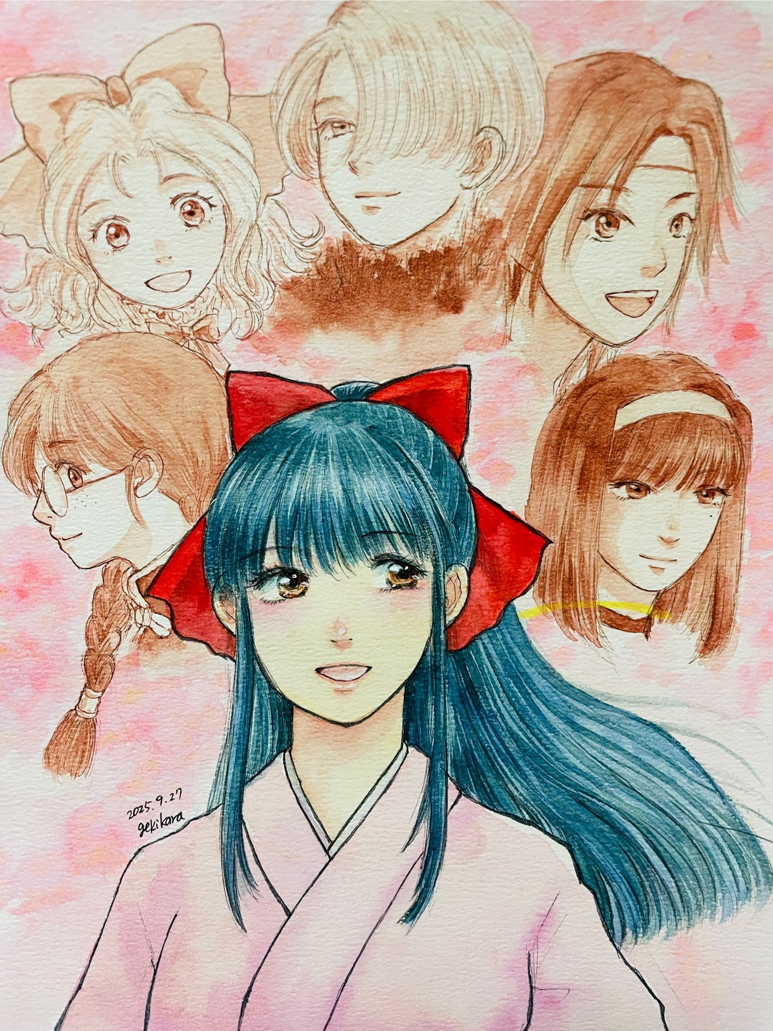 iris chateaubriand, kanzaki sumire, kirishima kanna, maria tachibana, ri kouran, shinguuji sakura, sakura taisen, sega, highres, traditional media, 6+girls, artist name, blue hair, bow, breasts, brown eyes, brown hair, chinese clothes, dated, hair ribbon, hairband, japanese clothes, long hair, looking at viewer, medium breasts, multiple girls, open mouth, pink lips, ponytail, red bow, ribbon, short hair, smile, tongue, twintails