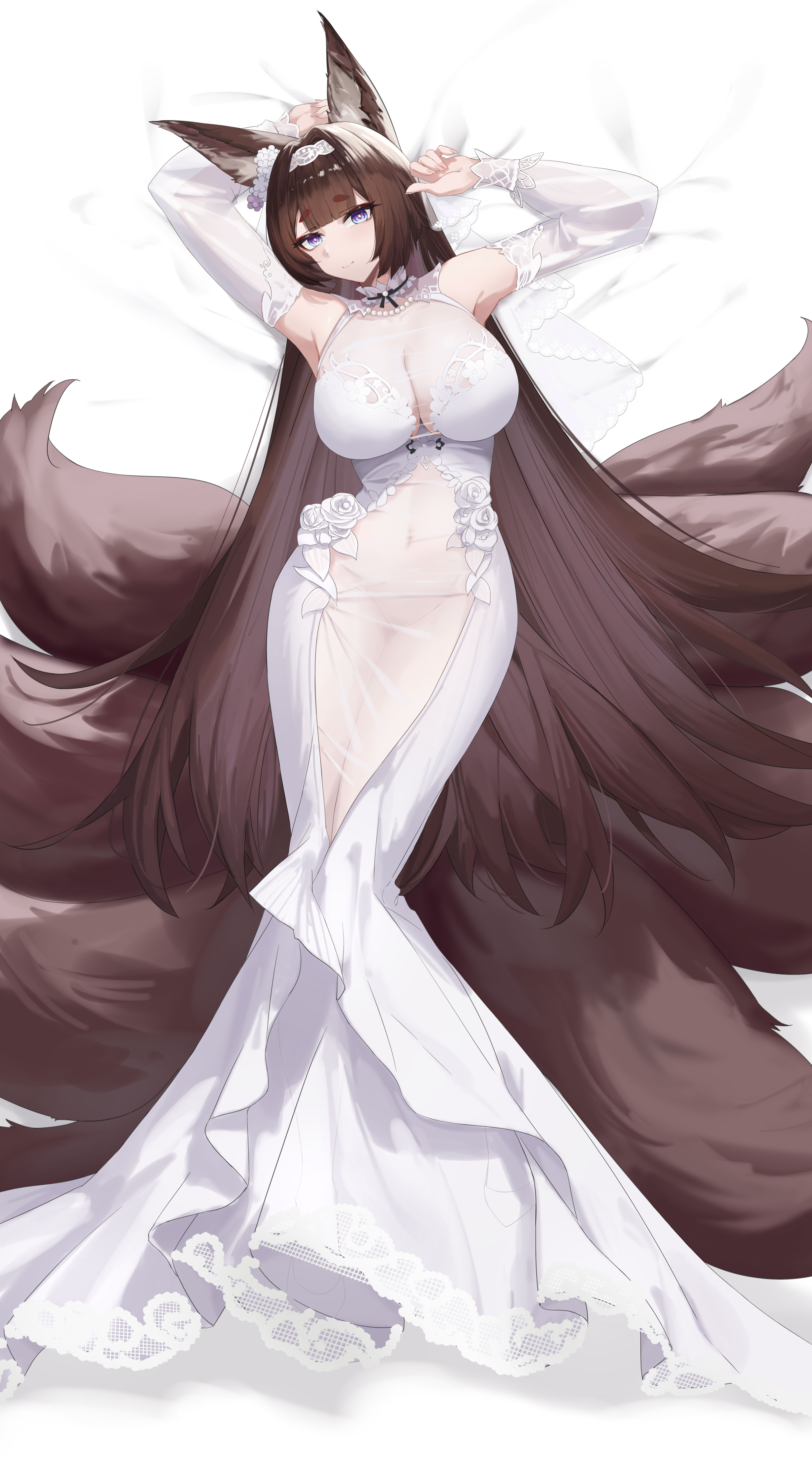 lilin (pixiv 25958194), amagi (azur lane), amagi (cv) (azur lane), azur lane, absurdres, chinese commentary, commentary request, highres, 1girl, amagi (cv) (moonlit blossom on placid seas) (azur lane), animal ears, arms up, bed sheet, breasts, bridal veil, bride, brown tail, cleavage, closed mouth, collar, covered navel, crotch, detached sleeves, dress, eyeshadow, fingernails, flower, fox ears, fox girl, fox tail, frilled collar, frilled dress, frilled headband, frilled sleeves, frilled veil, frills, full body, hair flower, hair ornament, headband, jewelry, kitsune, kyuubi, large breasts, legs together, long hair, lying, makeup, multiple tails, necklace, official alternate costume, on back, on bed, pearl necklace, purple eyes, rose, see-through clothes, see-through dress, smile, tail, thick eyebrows, thighs, veil, very long hair, wedding dress, white dress, white flower, white headband, white rose, white sleeves