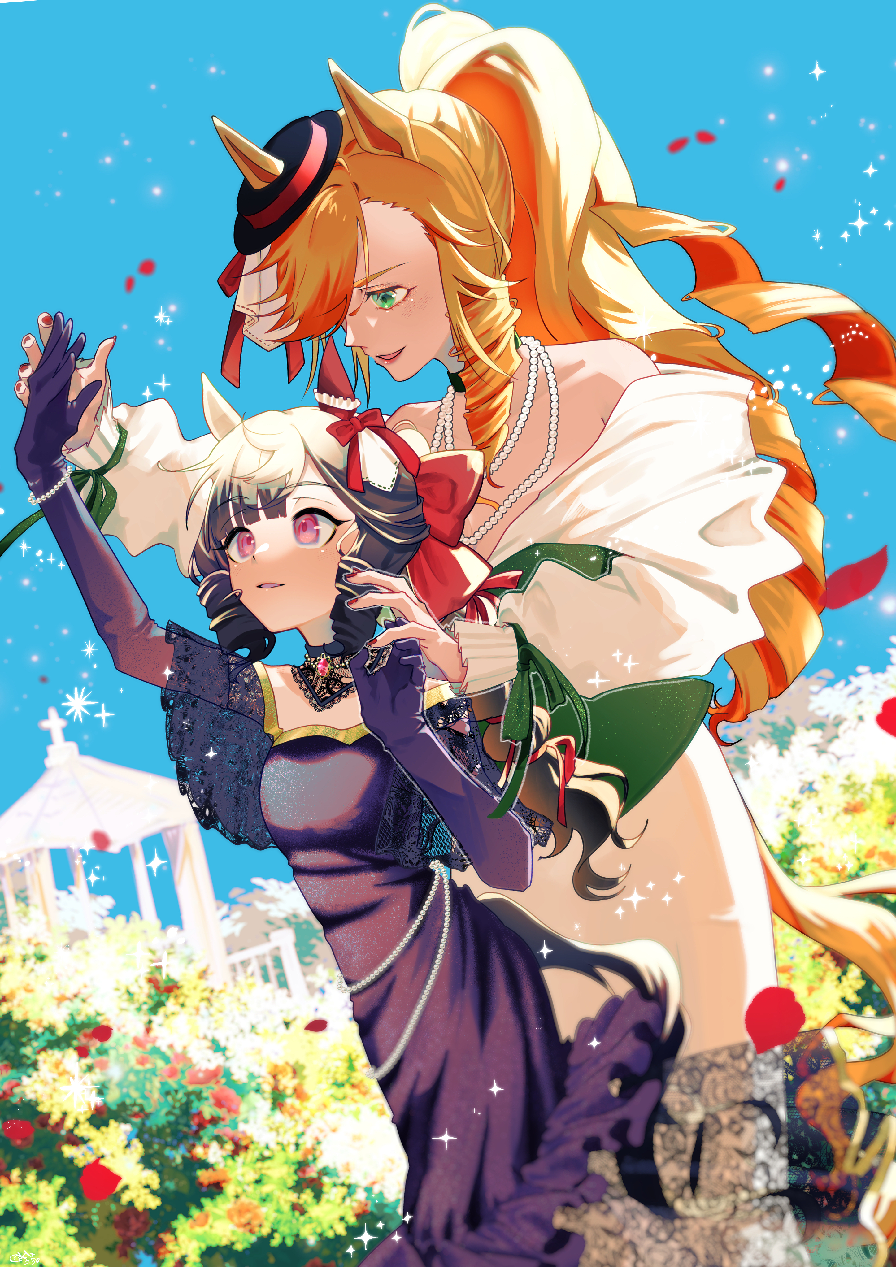 tsukasa (klx230), daiichi ruby (umamusume), umamusume, absurdres, commentary request, highres, 2girls, animal ears, arm up, blonde hair, blue sky, bow, bush, choker, collarbone, curly hair, dress, drill hair, elbow gloves, falling petals, frilled dress, frills, gloves, gown, green eyes, hair bow, holding hands, horse ears, jewelry, light particles, long hair, looking at another, looking up, multiple girls, necklace, off-shoulder dress, off shoulder, outdoors, pearl necklace, petals, purple dress, purple eyes, purple gloves, red bow, sky, standing, toni bianca (umamusume), twin drills, very long hair, white dress