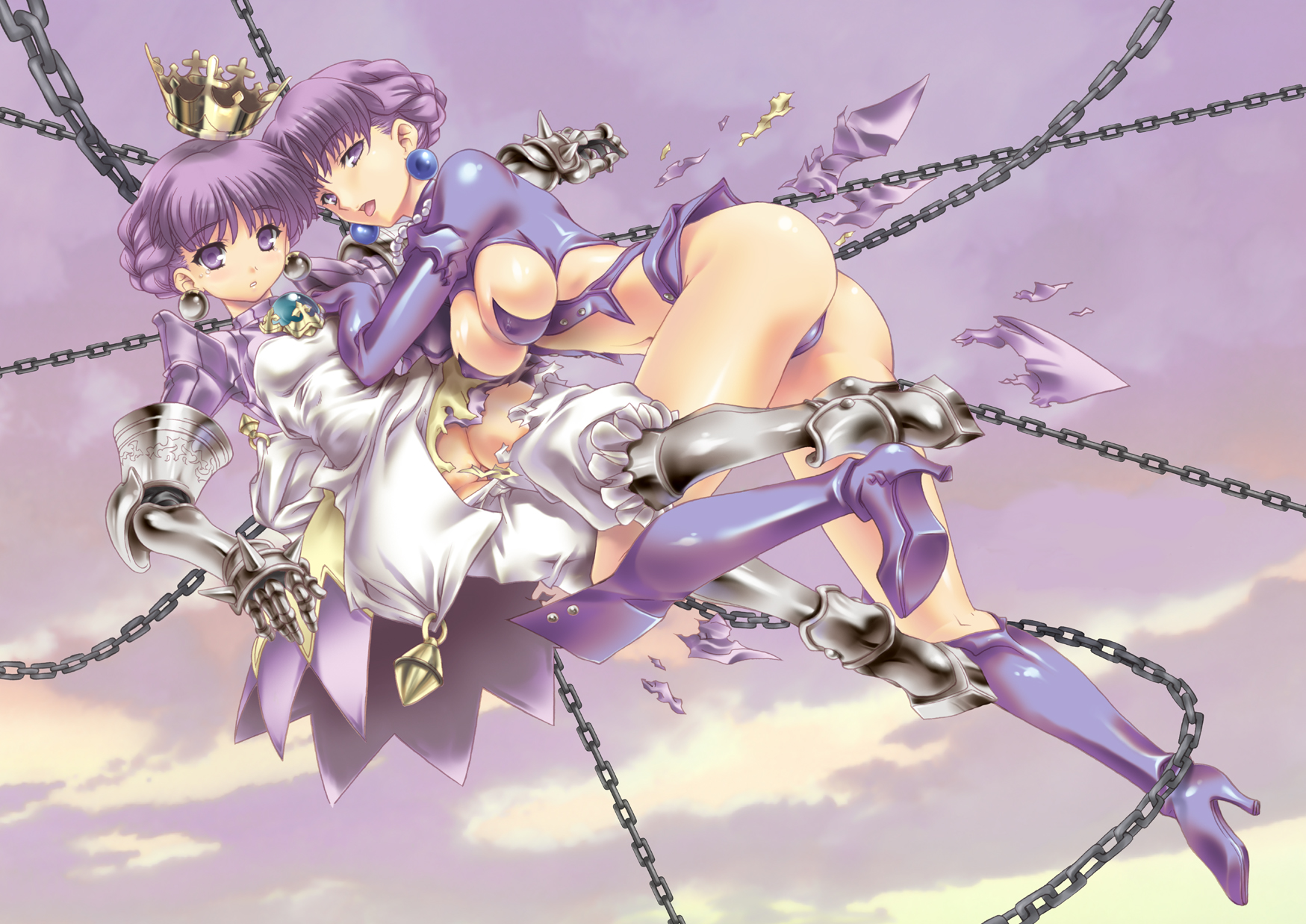 sabadri, uguisu kagura, gradriel, gradriel de valendia, atlus, princess crown, highres, 2girls, armor, armored dress, ass, bloomers, boots, breasts, chain, crown, dress, dual persona, earrings, gauntlets, gold crown, jewelry, knee boots, large breasts, multiple girls, purple background, purple eyes, purple hair, purple theme, revealing clothes, small breasts, torn clothes, underwear, white bloomers