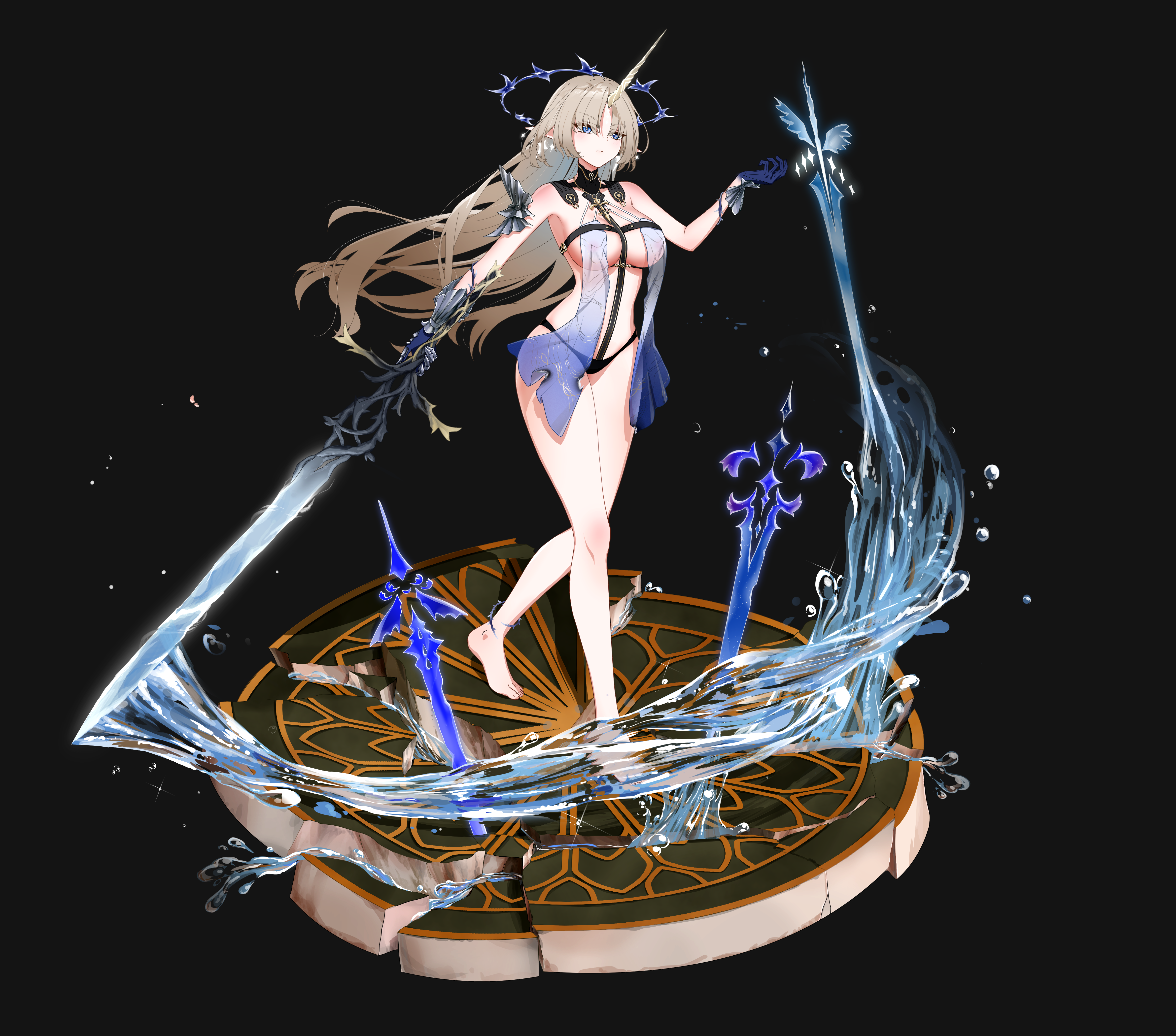 coke kat, fleurdelys (wuthering waves), wuthering waves, absurdres, commentary, highres, 1girl, armored gloves, bare legs, bare shoulders, barefoot, black background, black collar, black panties, blonde hair, blue eyes, blue hands, breasts, closed mouth, collar, crown of thorns, earrings, faux figurine, feet, floating, floating earrings, floating object, floating sword, floating weapon, full body, hand up, holding, holding sword, holding weapon, horns, jewelry, large breasts, legs, long hair, long horns, looking ahead, multicolored hair, multiple earrings, multiple swords, necklace, nipples, no bra, panties, parted bangs, pointy ears, revealing clothes, simple background, single horn, solo, streaked hair, sword, tabard, thighs, toes, underwear, very long hair, weapon, white tabard, yellow horns