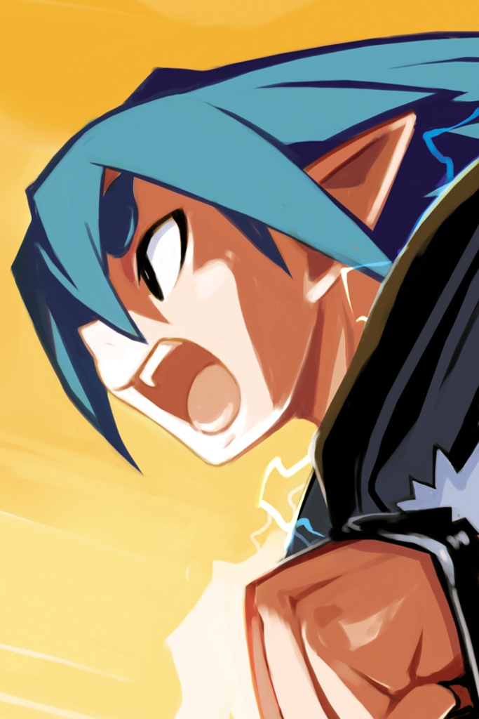 harada takehito, alexander (makai kingdom), alexander (phantom kingdom), nippon ichi, phantom kingdom, 1boy, blue hair, clenched hand, demon boy, electricity, from side, green eyes, green hair, long hair, male focus, matching hair/eyes, pointy ears, profile, simple background, solo, spiked hair, upper body, yellow background
