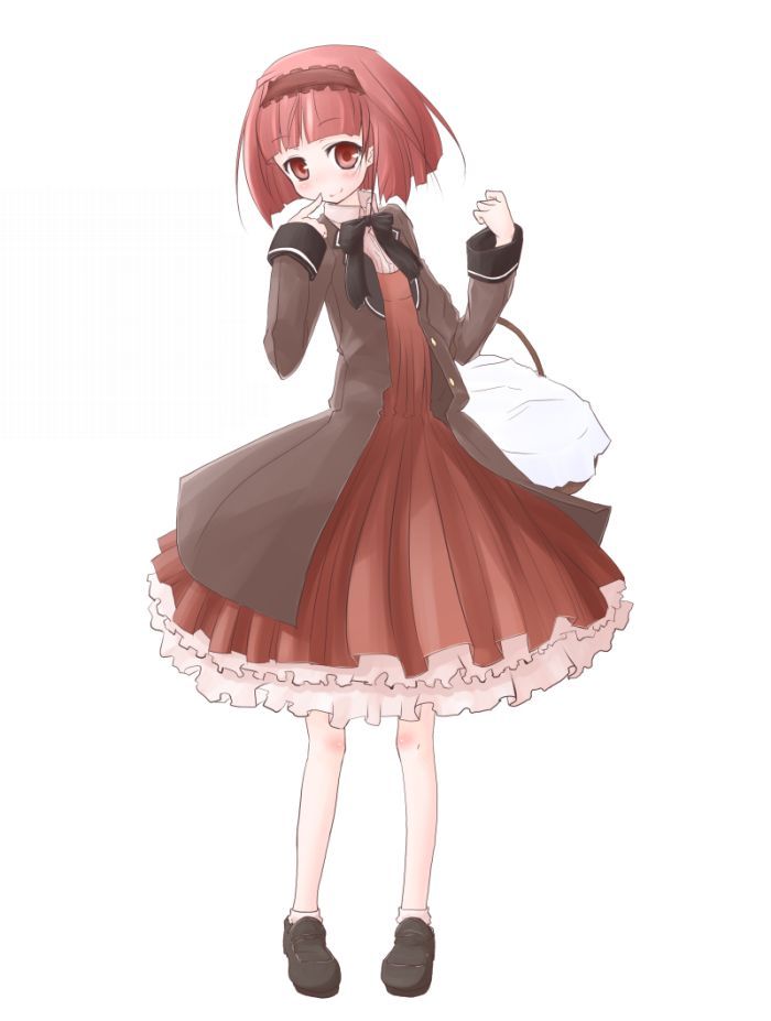 sakuna, akai ringo (ookami-san), ookami-san, commentary request, partial commentary, 1girl, ankle socks, basket, black bow, black bowtie, black shoes, blunt bangs, blush, bob cut, bow, bowtie, brown coat, brown hairband, closed mouth, coat, collared shirt, dress, elbow carry, finger to cheek, full body, hairband, hands up, head tilt, holding, holding basket, lapels, loafers, long sleeves, looking at viewer, open clothes, open coat, petticoat, pigeon-toed, pleated dress, raised eyebrows, red dress, red eyes, red hair, shirt, shoes, short hair, simple background, sleeves past wrists, smile, socks, solo, standing, turning head, white background, white shirt, white socks, wrist cuffs