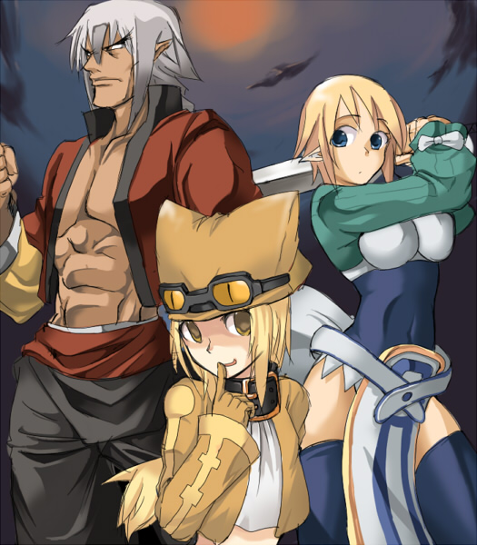 ment, magic knight (disgaea), male brawler (disgaea), thief (disgaea), disgaea, makai senki disgaea 2, makai senki disgaea 3, nippon ichi, silver hair, 1boy, 2girls, blonde hair, blue eyes, coat, demon boy, demon girl, green shirt, multiple girls, pants, pointy ears, shirt, short hair, tabard, tan, thighhighs, yellow eyes