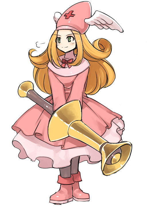 sharte (marl kingdom), marl kingdom, nippon ichi, puppet princess (marl kingdom), 1girl, blonde hair, boots, dress, female focus, green eyes, hat, long hair, pantyhose, shoes, solo, weapon