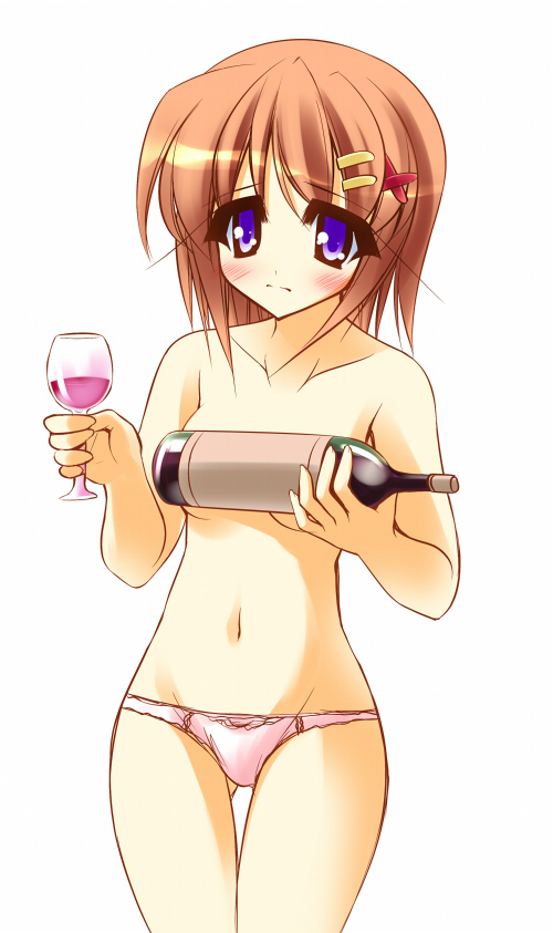 teruui, yagami hayate, lyrical nanoha, mahou shoujo lyrical nanoha, mahou shoujo lyrical nanoha a's, 00s, alcohol, blush, bottle, breasts, brown hair, covering breasts, covering privates, cup, glass, panties, short hair, solo, topless female, underwear, wine