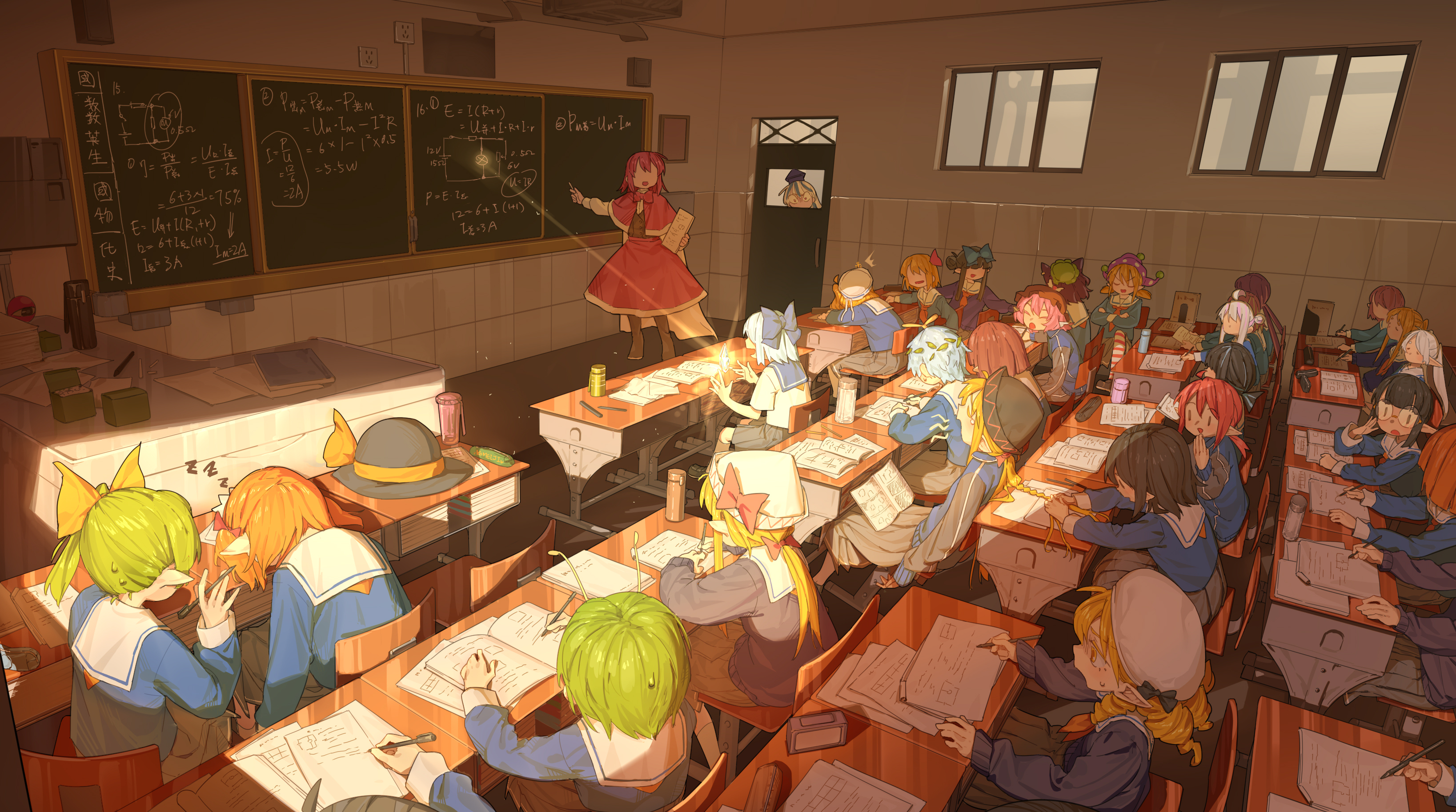 yazato ichimushi, chen, cirno, clownpiece, daiyousei, eternity larva, frieren, ijichi nijika, kamishirasawa keine, kitashirakawa chiyuri, komeiji koishi, lily black, lily white, luna child, mystia lorelei, okazaki yumemi, rumia, star sapphire, sunny milk, wriggle nightbug, zashiki-warashi, bocchi the rock!, sousou no frieren, touhou, absurdres, highres, 6+girls, chalkboard, circuit diagram, classroom, cup, electricity, ice crystal, light bulb, multiple girls, peeking, physics, reflection, ribbon, sailor collar, school uniform, sleeping, studying, sunlight, window, writing, yawning