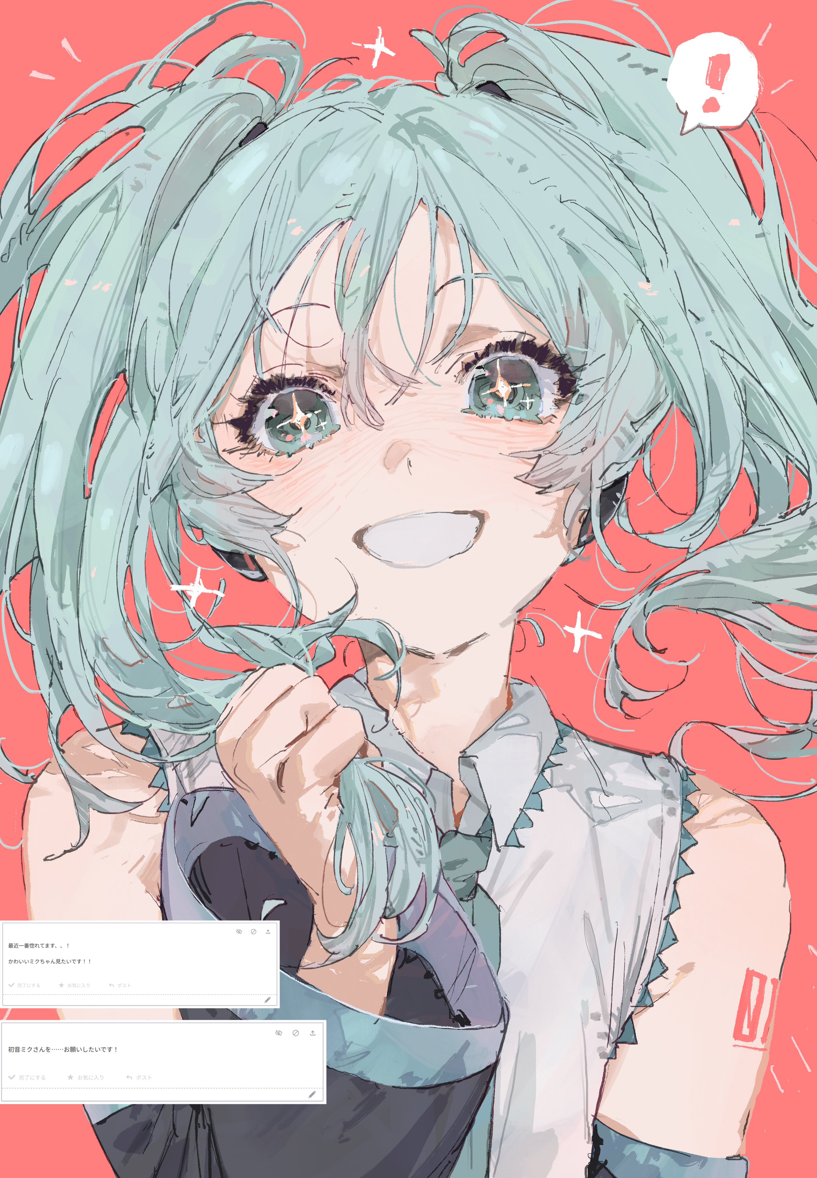 le (szs0k), hatsune miku, vocaloid, absurdres, highres, aqua eyes, aqua hair, aqua necktie, detached sleeves, headset, long hair, necktie, number tattoo, shirt, sleeveless, sleeveless shirt, tattoo, twintails, very long hair
