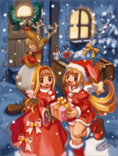 cello (marl kingdom), crea rosenqueen, princess kururu, little princess, marl kingdom, nippon ichi, 1boy, 2girls, antlers, blonde hair, boots, bow, christmas, horns, long hair, multiple girls, reindeer antlers, snow, wings, winter