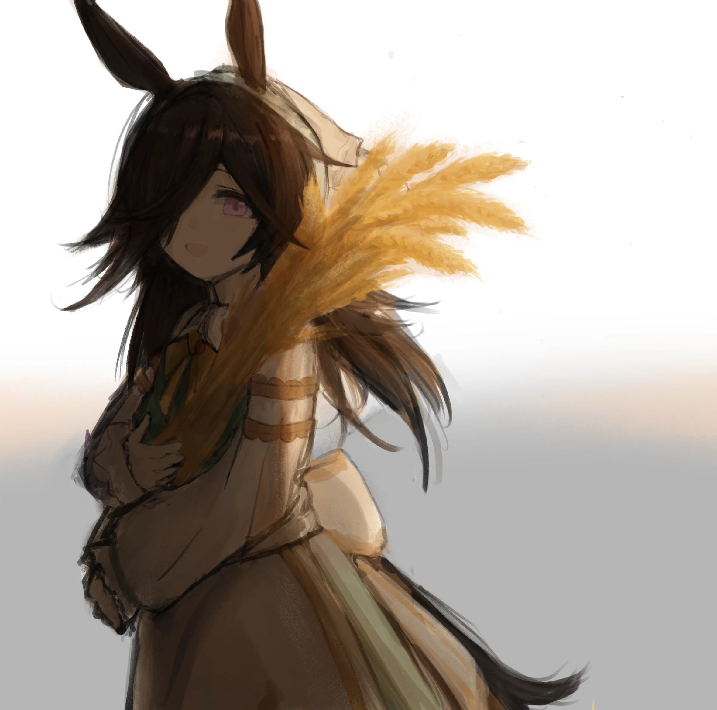 rice shower (umamusume), umamusume, highres, 1girl, animal ears, blue eyes, bow, bowtie, brown hair, grey skirt, hair over one eye, headscarf, holding wheat, horse ears, horse girl, horse tail, long bangs, long hair, long sleeves, looking at viewer, open mouth, paozu, shirt, skirt, smile, solo, tail, white headscarf, white shirt, yellow bow, yellow bowtie