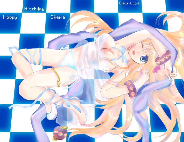 cherie espoir, marl kingdom, nippon ichi, puppet princess (marl kingdom), 1girl, blonde hair, blue eyes, bracelet, female focus, jewelry, lying, shoes, single shoe, solo