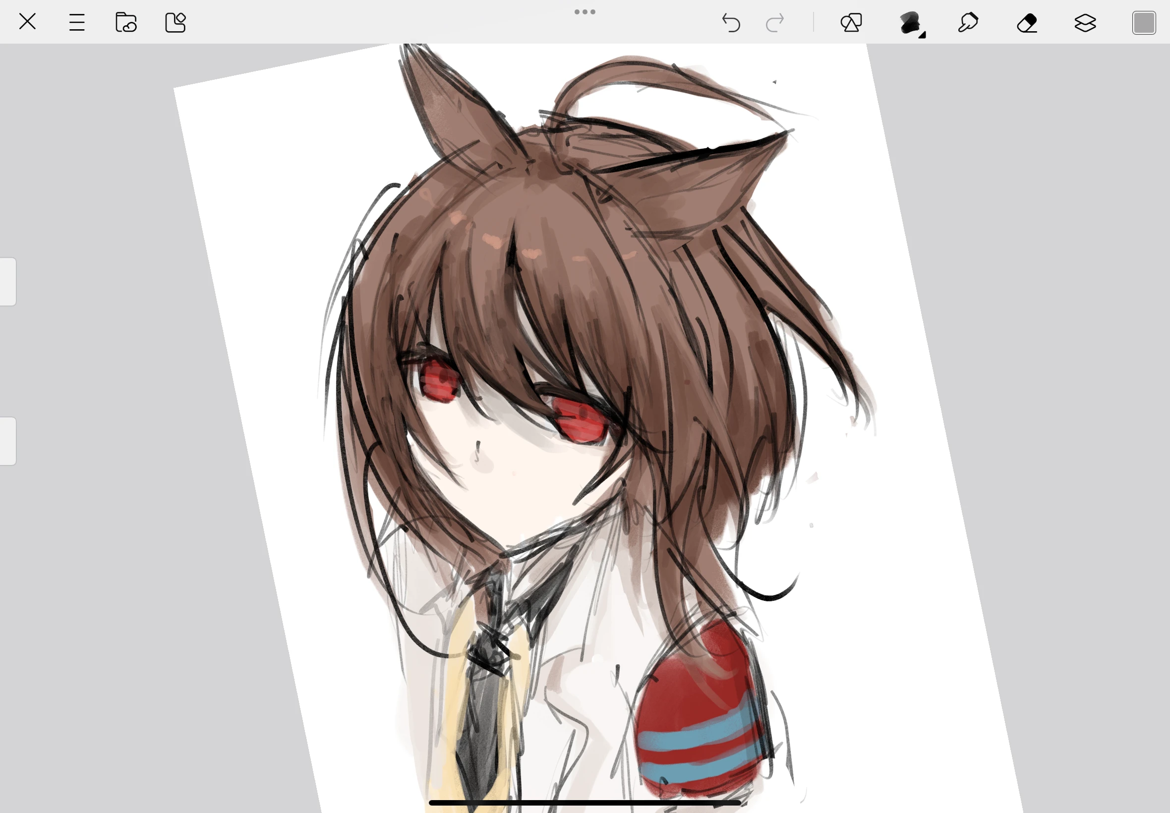 agnes tachyon (tach-nology) (umamusume), agnes tachyon (umamusume), umamusume, commentary, highres, 1girl, ahoge, animal ears, art program in frame, black necktie, black shirt, brown hair, coat, collared shirt, horse ears, horse girl, lab coat, looking at viewer, medium hair, necktie, no mouth, paozu, red eyes, shirt, short necktie, solo, sweater, white coat, yellow sweater