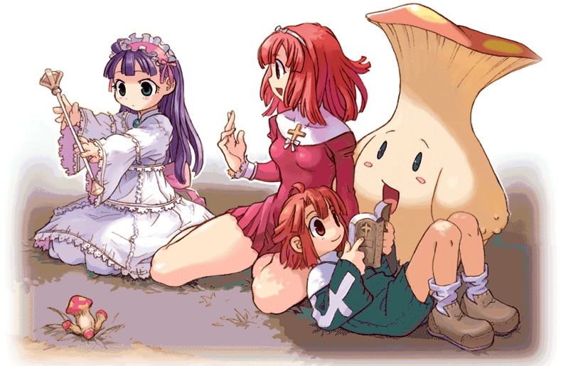 ryoji (nomura ryouji), culotte, eclair (la pucelle), eringya (marl kingdom), prier, la pucelle, marl kingdom, nippon ichi, official art, 3girls, aged down, book, bow, cross, dress, green eyes, happy, holding, lap pillow, long sleeves, multiple girls, mushroom, open book, orange hair, purple hair, reading, shoes, sitting, smile, socks, wide sleeves, yokozuwari