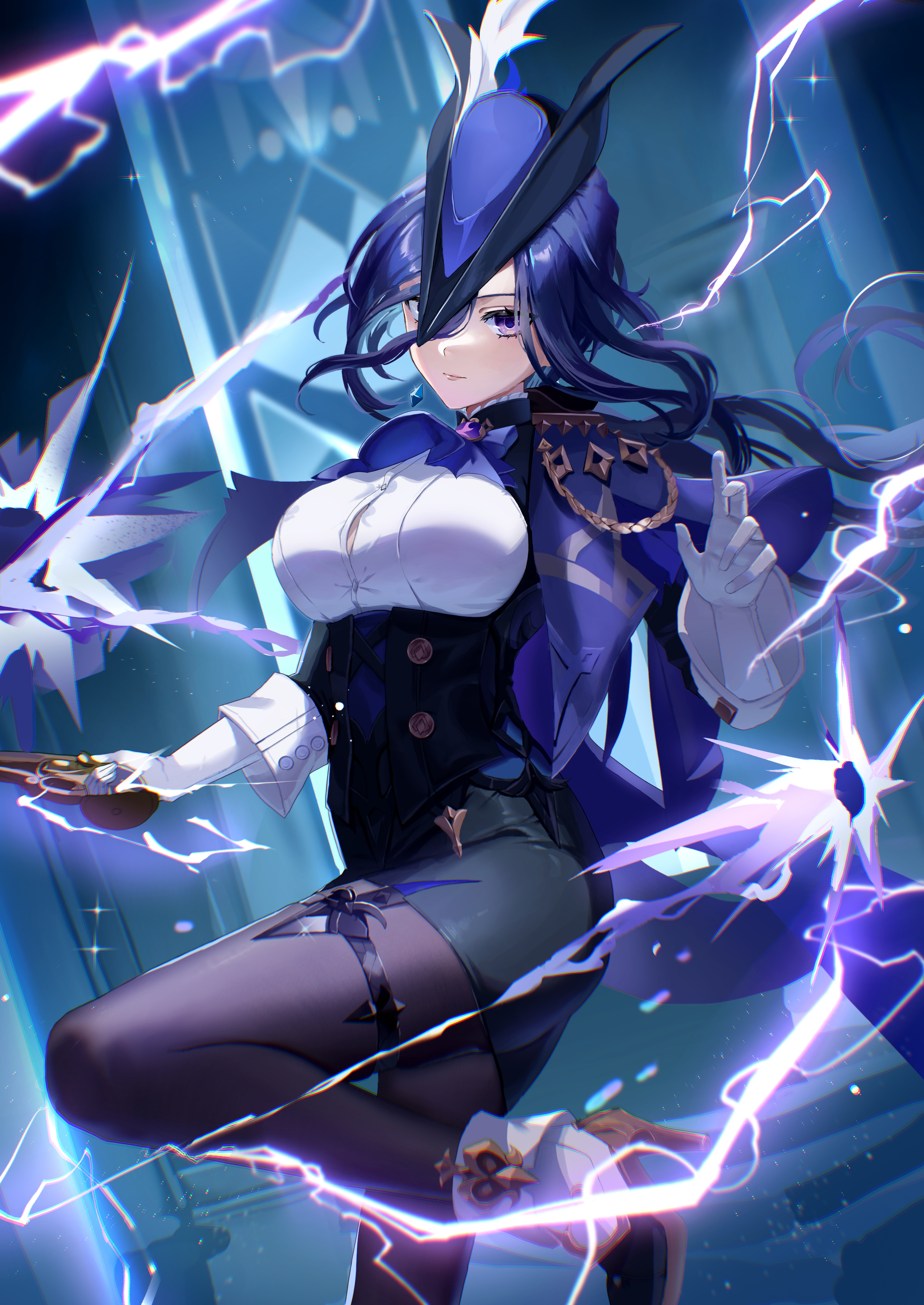 turyee0322, clorinde (genshin impact), genshin impact, absurdres, commentary, highres, 1girl, ascot, black corset, black pantyhose, breasts, button gap, closed mouth, corset, electricity, epaulettes, fold-over gloves, framed breasts, gloves, gun, hair between eyes, hat, high-waist skirt, high heels, holding, holding gun, holding weapon, large breasts, leg up, long hair, long hair between eyes, looking at viewer, magic, medium breasts, pantyhose, pencil skirt, purple ascot, purple eyes, purple hair, shirt, skirt, solo, taut clothes, taut shirt, tricorne, weapon, white gloves, white shirt