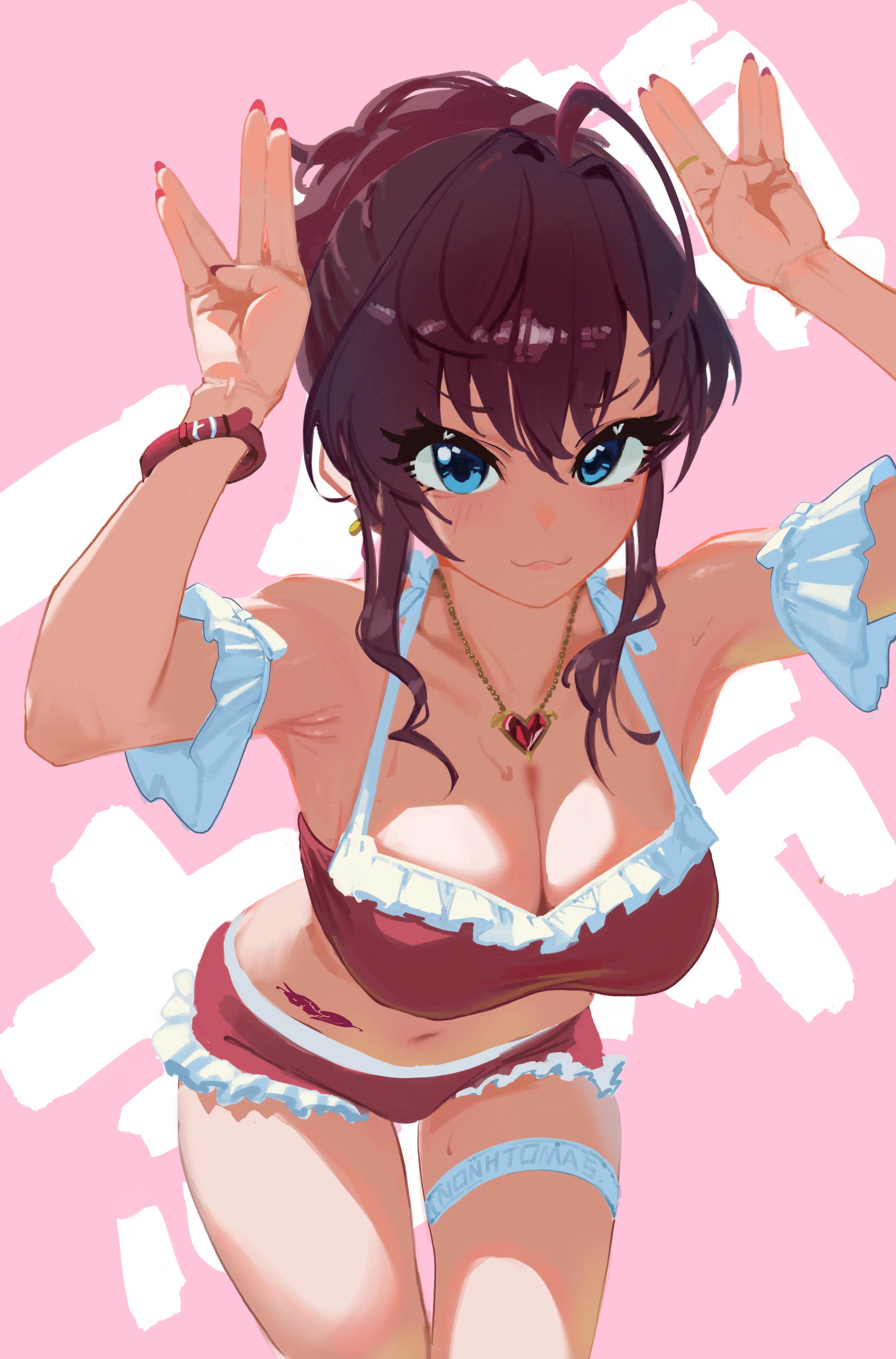 tomber, ichinose shiki, idolmaster, idolmaster cinderella girls, absurdres, highres, 1girl, \//, ahoge, arm garter, armpits, arms up, bikini, blue eyes, breasts, brown hair, cleavage, collarbone, fingernails, frilled bikini, frills, jewelry, looking at viewer, nail polish, navel, necklace, pink background, red bikini, sidelocks, solo, stomach, swimsuit, text background, thigh strap