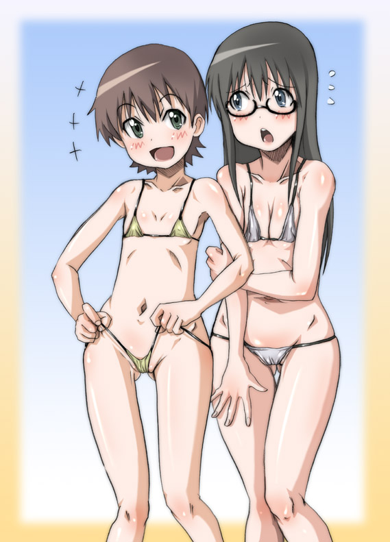 hirokawa kouichirou, hidaka megumi, hirakawa natsumi, kyou no go no ni, 00s, 2girls, bikini, blush, brown hair, cameltoe, flat chest, frontal wedgie, glasses, green eyes, loli, micro bikini, multiple girls, self wedgie, short hair, swimsuit, wedgie
