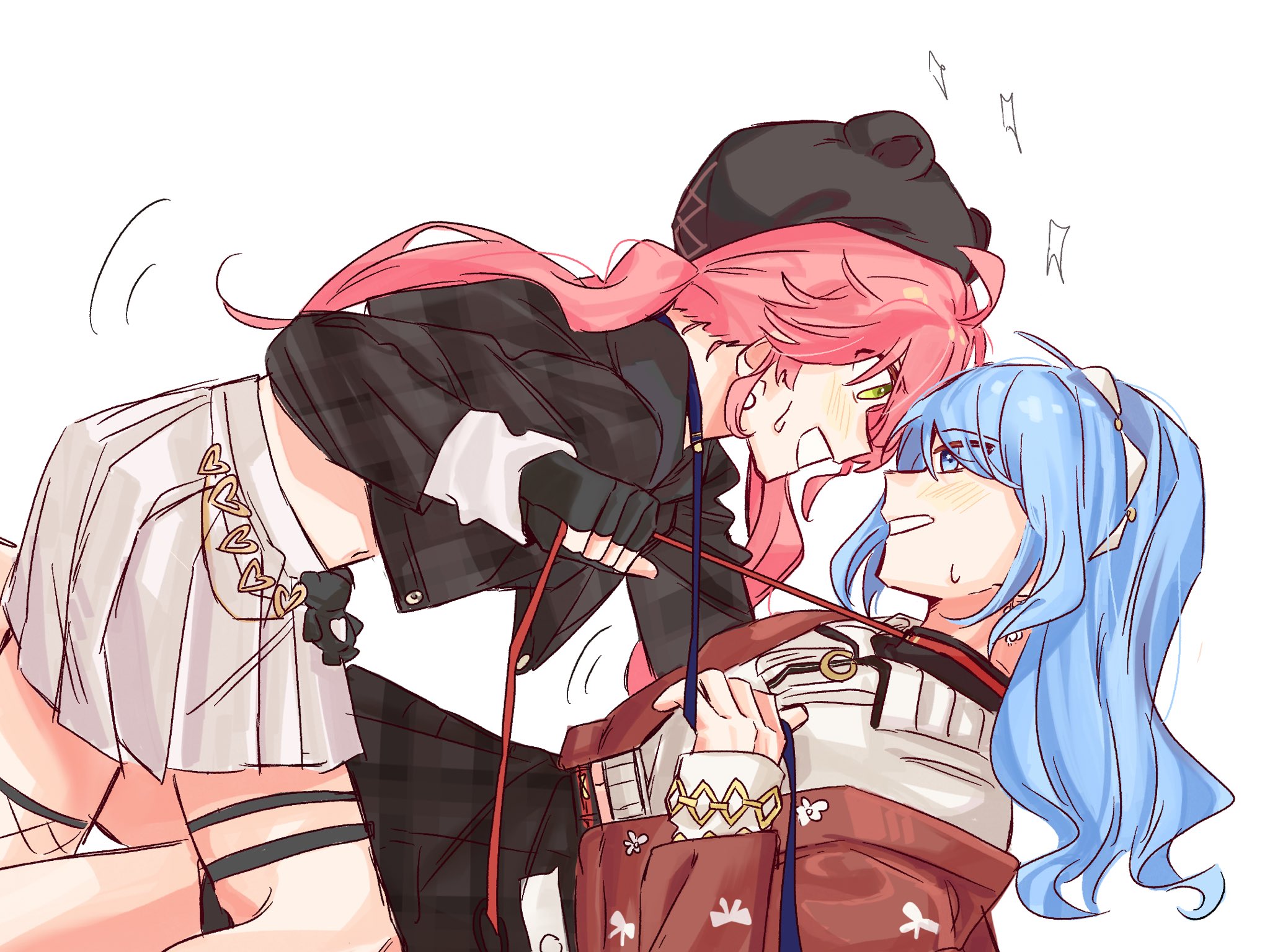 hanbaagaakunkan, hoshimachi suisei, sakura miko, hololive, commentary, highres, symbol-only commentary, 2girls, black gloves, black hat, black jacket, black skirt, blue eyes, blue hair, blush, collar, fingerless gloves, gloves, green eyes, grin, hat, holding, holding leash, jacket, leash, long hair, multiple girls, open mouth, pink hair, pleated skirt, red jacket, simple background, skirt, smile, sweat, sweater, twintails, virtual youtuber, white background, white skirt, white sweater, yuri