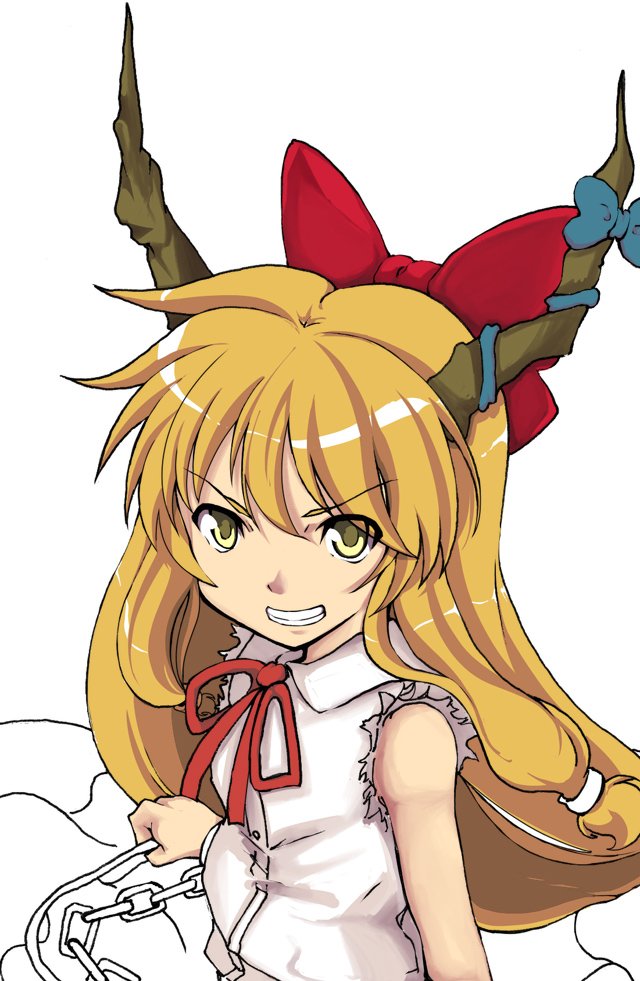 futami shinen, ibuki suika, touhou, 1girl, bow, bowtie, chain, female focus, grin, hair bow, hair ribbon, horn ornament, horn ribbon, horns, long hair, orange hair, ribbon, smile, solo, upper body, white background, yellow eyes