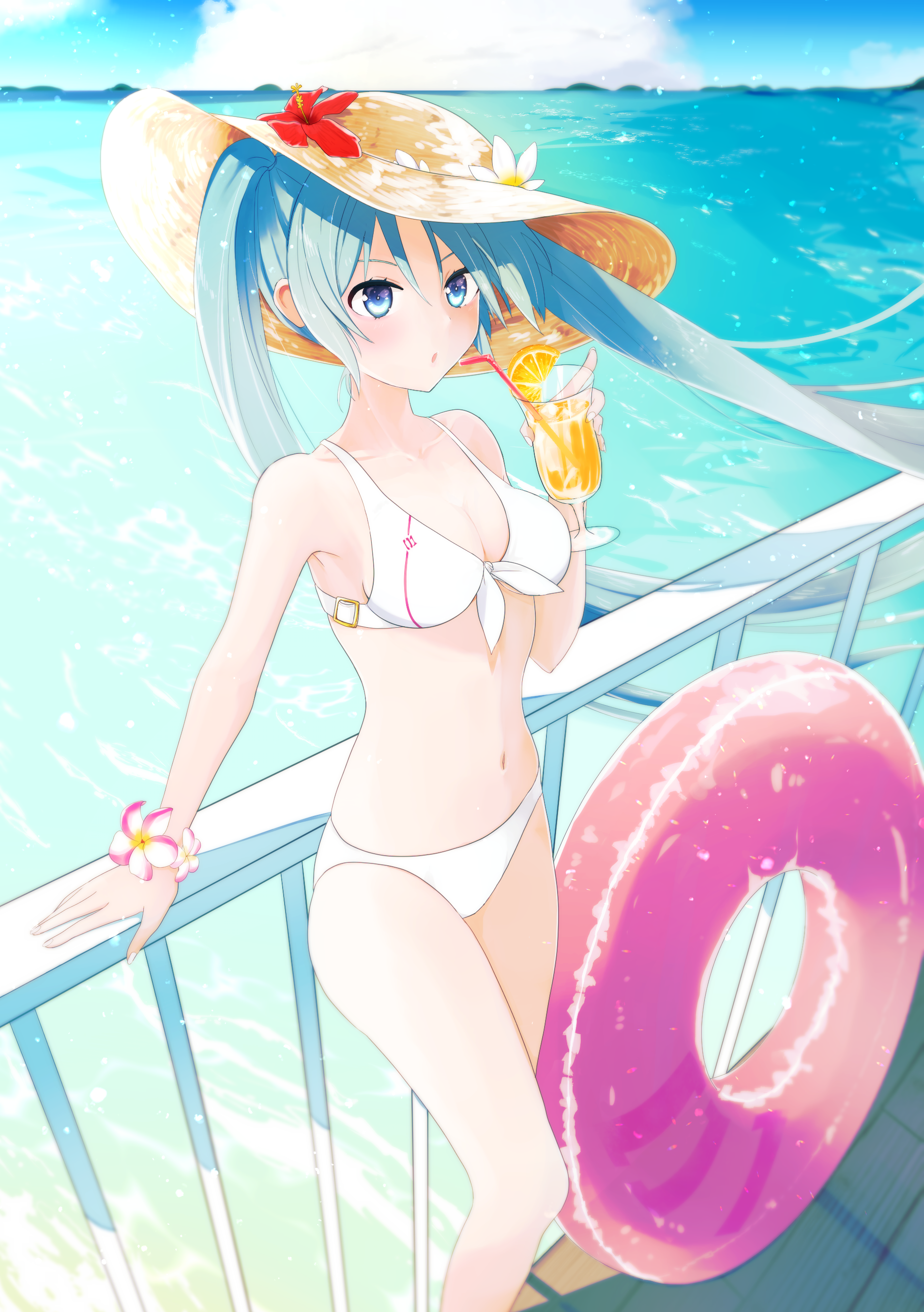 monyo0303, hatsune miku, vocaloid, absurdres, commentary request, highres, 1girl, against railing, bikini, blue eyes, blue hair, bracelet, breasts, cup, day, drinking glass, drinking straw, feet out of frame, flower, flower bracelet, food, fruit, hat, hat flower, innertube, jewelry, long hair, medium breasts, navel, ocean, orange (fruit), orange slice, outdoors, railing, sky, solo, sun hat, swim ring, swimsuit, tropical drink, twintails, very long hair, water, wrist flower