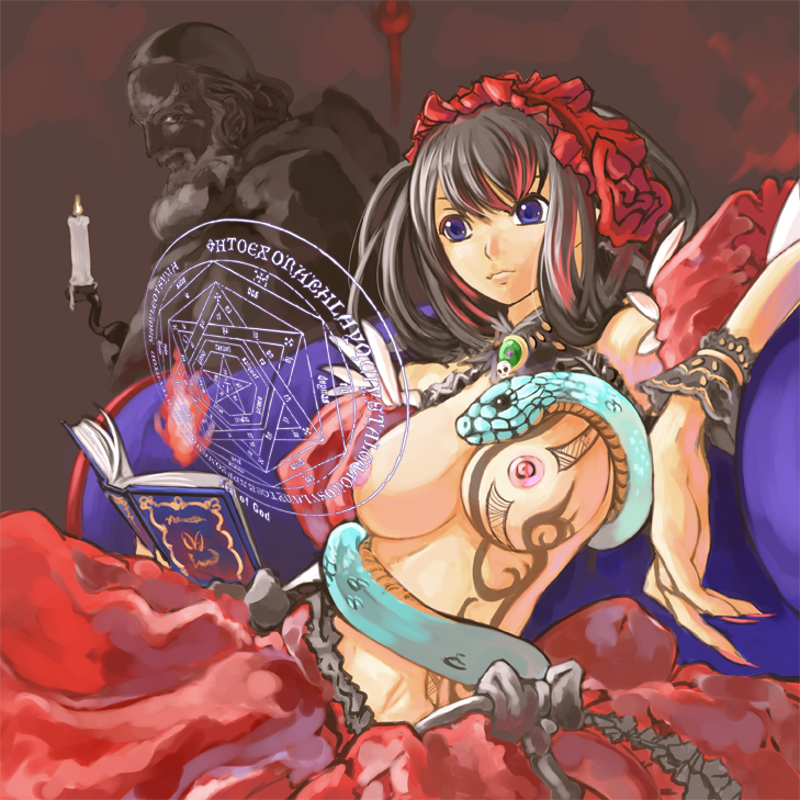 bigegg, 1girl, aemeth, blue eyes, book, breasts, brown hair, candle, female focus, fingernails, fire, magic, magic circle, medium breasts, nail (hardware), nipples, snake, solo, statue, tattoo, topless female