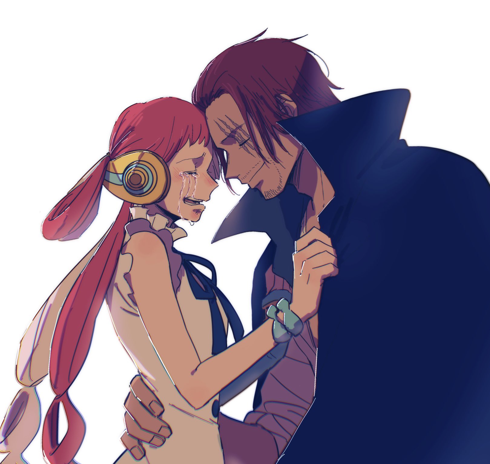 choko egg, shanks (one piece), uta (one piece), one piece, one piece film: red, highres, 1boy, 1girl, age difference, black cape, breasts, cape, dress, facial hair, father and daughter, hair rings, hug, long hair, looking at another, manly, multicolored hair, open clothes, open mouth, open shirt, pectorals, red hair, sad, scar, scar across eye, scar on face, short hair, simple background, size difference, two-tone hair, very long hair, white background, white dress