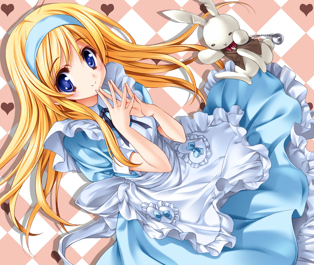 yukiwo, alice (alice in wonderland), alice's adventures in wonderland, 1girl, apron, blonde hair, blue bow, blue dress, blue eyes, bow, checkered background, dress, female focus, hairband, heart, long hair, looking at viewer, own hands clasped, own hands together, smile, solo, stuffed animal, stuffed rabbit, stuffed toy, x mouth