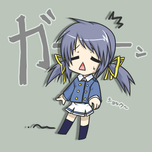 waha (artist), sunohara mei, clannad, bad id, bad pixiv id, lowres, 00s, 1girl, :<, ^^^, blue hair, chibi, female focus, solo, surprised, triangle mouth