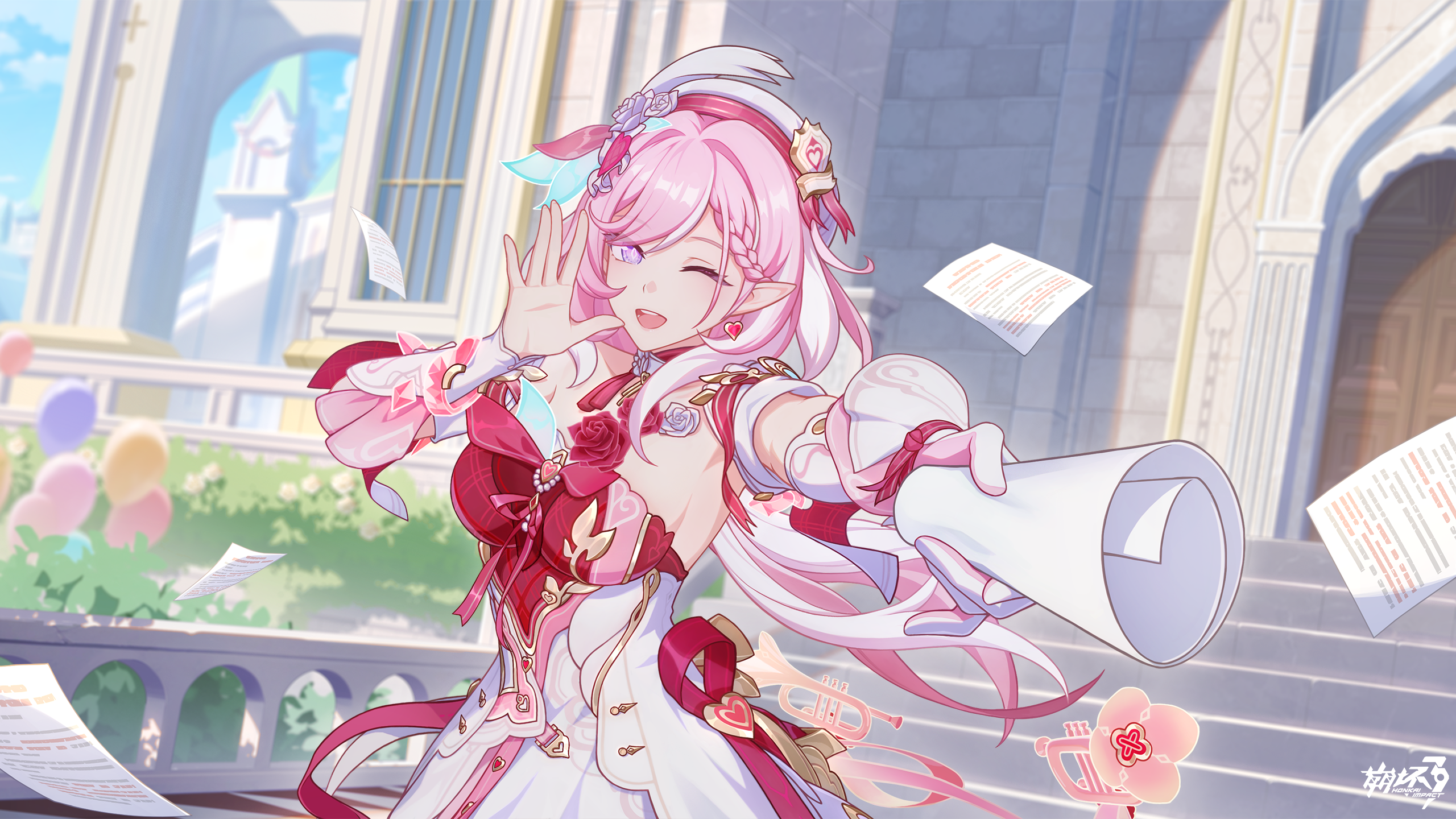 elysia (hi love elf) (honkai impact), elysia (honkai impact), honkai (series), honkai impact 3rd, chinese commentary, commentary request, game cg, highres, official art, 1girl, ;), breasts, diamond-shaped pupils, diamond (shape), dress, earrings, elf, gloves, heart, heart earrings, jewelry, large breasts, long hair, one eye closed, paper, pink gloves, pink hair, pointy ears, purple eyes, red dress, single glove, smile, solo, stairs, symbol-shaped pupils, two-tone dress, very long hair, white dress