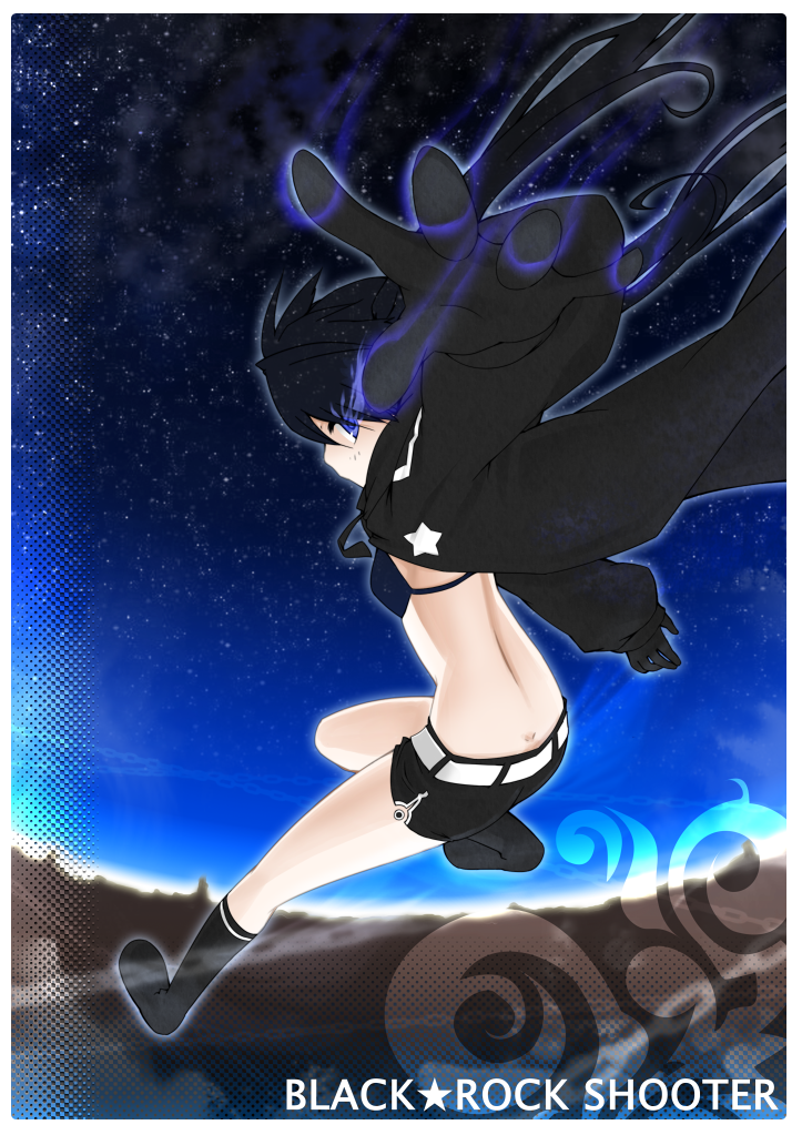 waha (artist), black rock shooter (character), black rock shooter, vocaloid, bad id, bad pixiv id, 10s, 1girl, bare back, belt, bikini, bikini top only, black bikini, black hair, boots, female focus, from behind, full body, knee boots, long hair, outdoors, profile, short shorts, shorts, sky, solo, swimsuit, twintails, very long hair