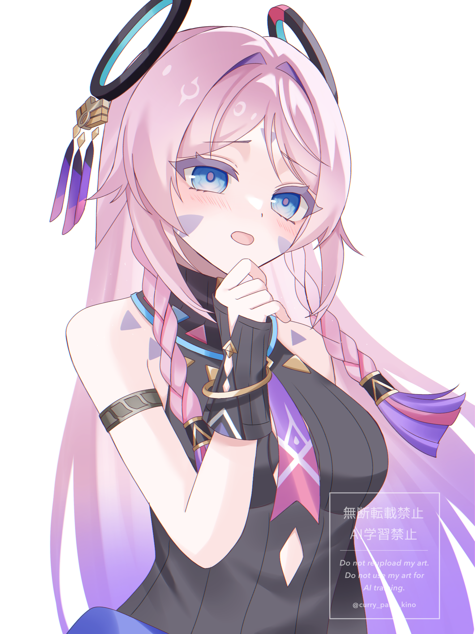 kino (curry pan), citlali (genshin impact), genshin impact, commentary, highres, revision, 1girl, armband, bare shoulders, black armband, black leotard, blue eyes, blush, braid, breasts, facial mark, floating headgear, forehead mark, hand on own chin, hand up, headgear, heattech leotard, leotard, long hair, medium breasts, multicolored hair, open mouth, pink hair, purple hair, sleeveless, sleeveless turtleneck, solo, triangle, triangle facial mark, turtleneck, twin braids, very long hair
