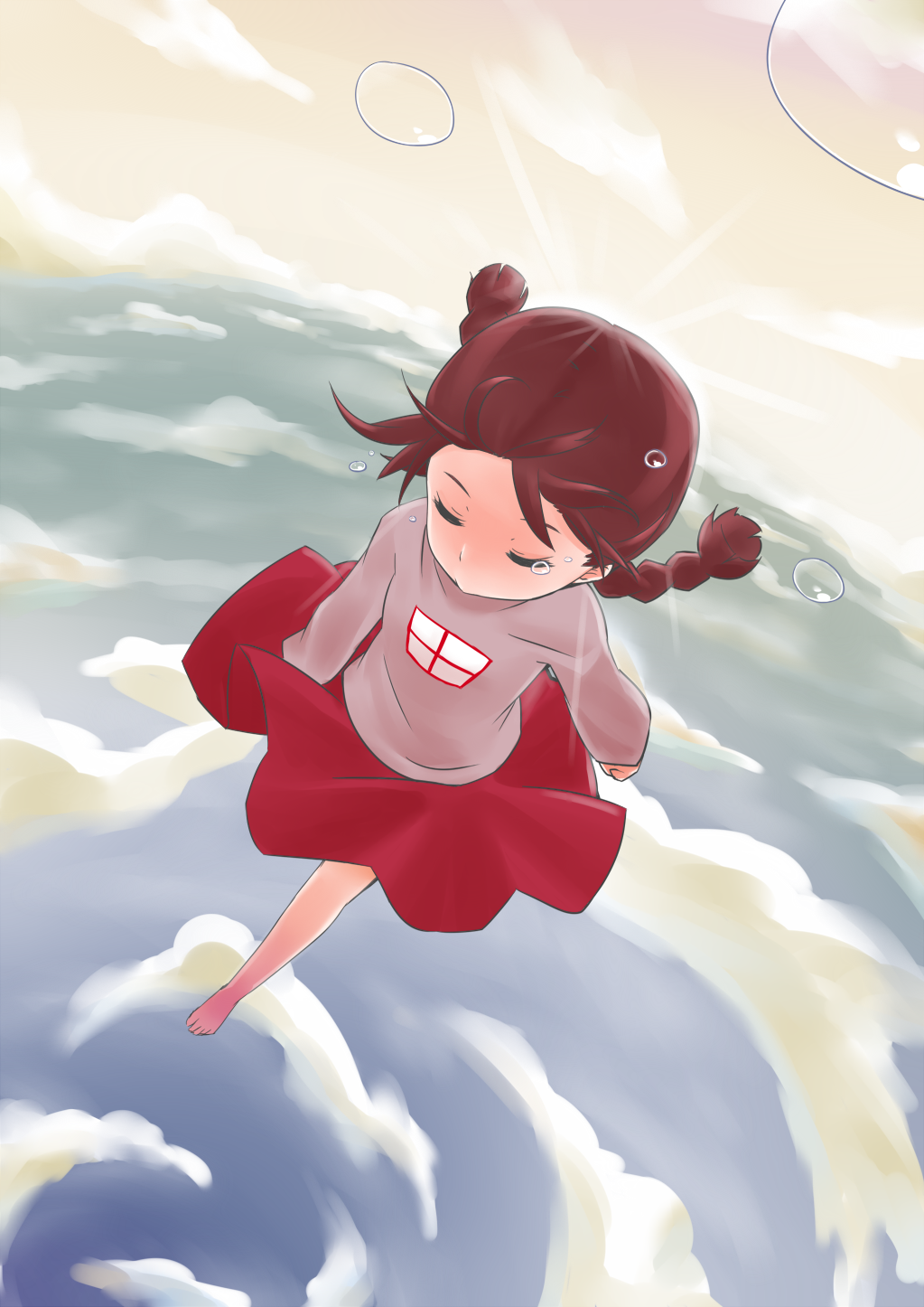 waha (artist), madotsuki, yume nikki, highres, spoilers, 1girl, barefoot, braid, brown hair, closed eyes, cloud, female focus, flying, skirt, sky, solo, tears, twin braids, twintails