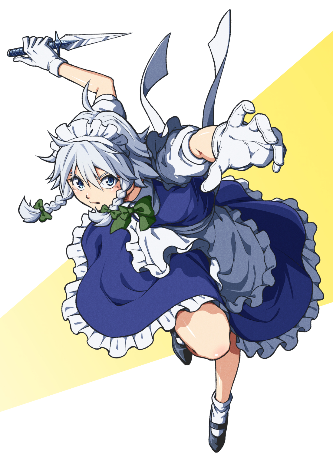 inuno rakugaki, izayoi sakuya, touhou, commentary, highres, 1girl, apron, black shoes, blue dress, blue eyes, bow, bowtie, braid, breasts, dress, gloves, green bow, green bowtie, grey hair, hair bow, holding, holding knife, knife, long hair, looking at viewer, maid, maid headdress, mary janes, puffy short sleeves, puffy sleeves, shoes, short sleeves, socks, solo, twin braids, waist apron, white gloves, white socks