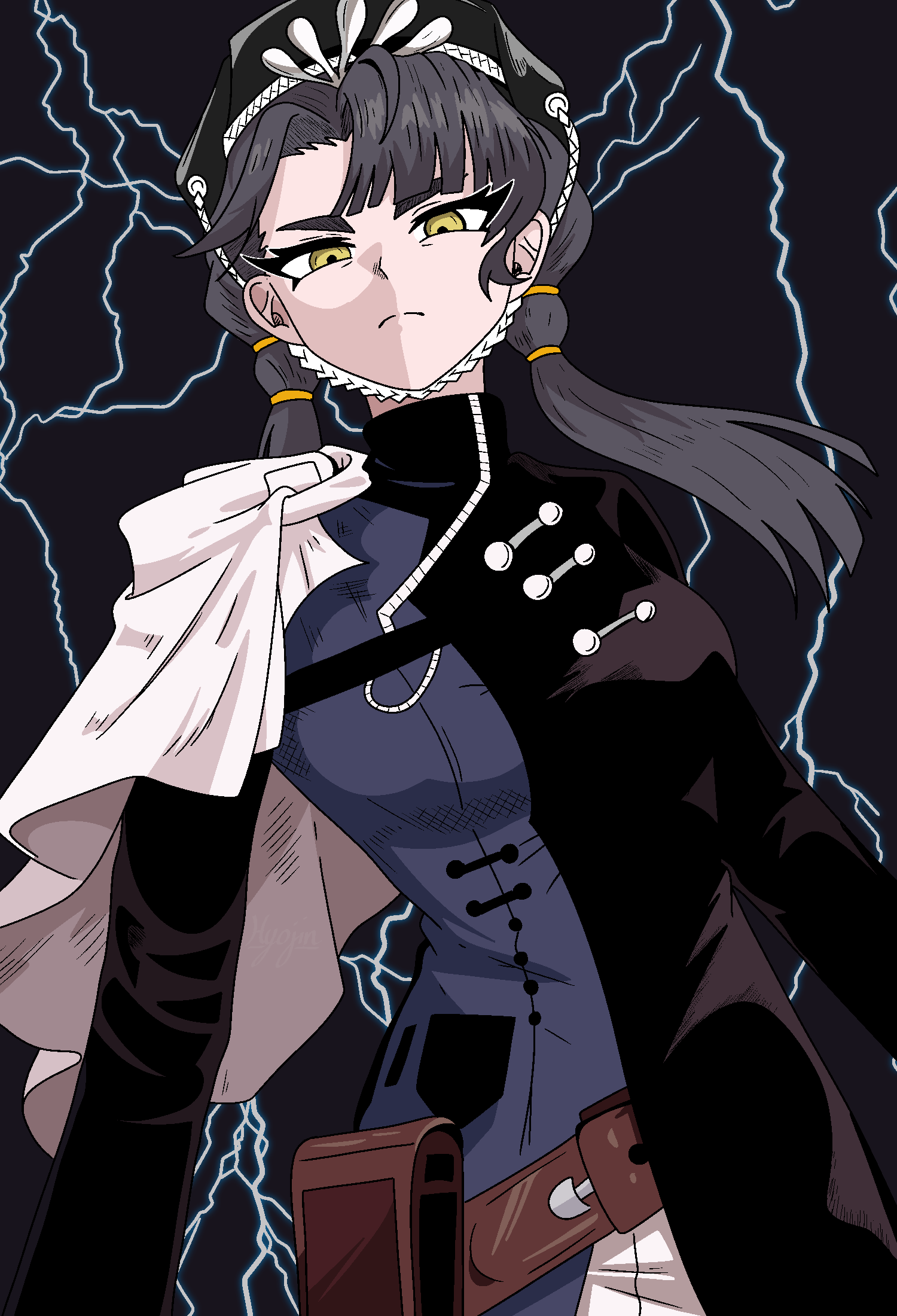 hyojin en, liang yue (reverse:1999), reverse:1999, commission, highres, 1girl, beret, black background, black dress, black hair, black hat, cape, chin strap, closed mouth, dress, from below, hat, holster, lightning background, long hair, looking at viewer, low twintails, police, police uniform, policewoman, side cape, solo, twintails, upper body, white cape, yellow eyes