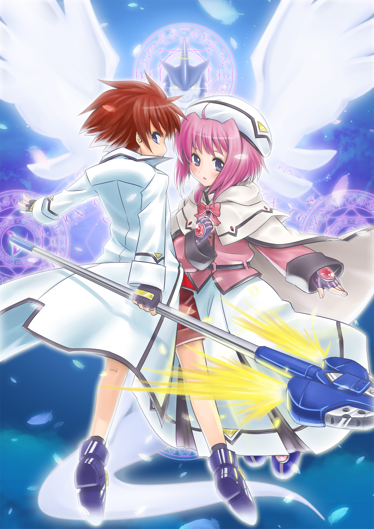waha (artist), caro ru lushe, erio mondial, friedrich (nanoha), kerykeion (nanoha), strada, lyrical nanoha, mahou shoujo lyrical nanoha, mahou shoujo lyrical nanoha strikers, highres, 00s, 1boy, 1girl, ahoge, bow, brown hair, cape, coat, dragon, feathers, fingerless gloves, gloves, hat, magic circle, magical boy, magical girl, octagram, open clothes, open coat, pink bow, pink hair