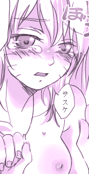 naruko (naruto), uzumaki naruto, naruto (classic), naruto (series), katakana, artist request, lowres, translated, 1girl, blush, breasts, collarbone, facial mark, female focus, genderswap, genderswap (mtf), hand up, japanese text, jewelry, long hair, looking to the side, medium breasts, monochrome, necklace, nipples, open mouth, sexy no jutsu, solo, speech bubble, sweat, sweatdrop, talking, tears, tongue, topless female, upper body, whisker markings, whiskers