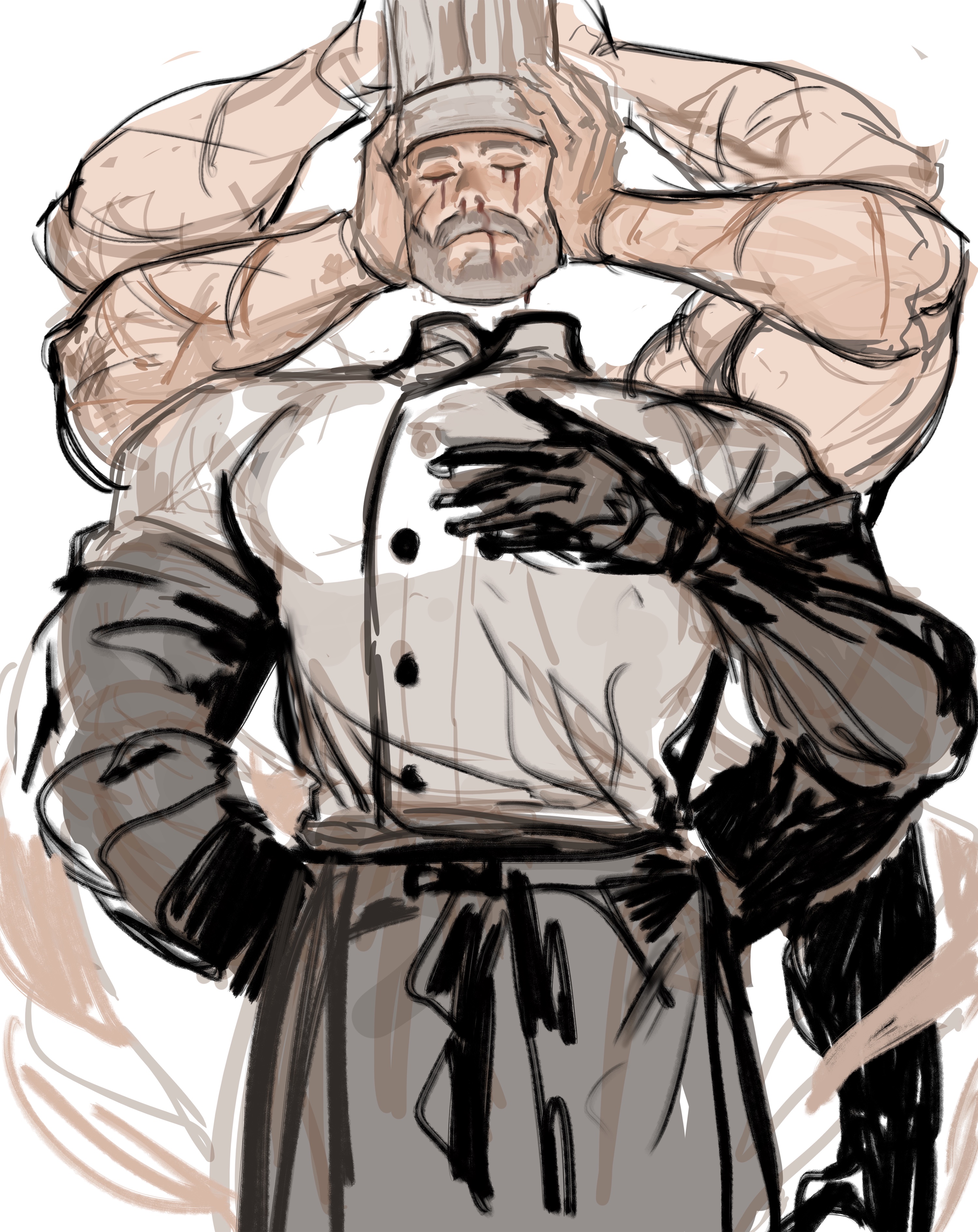 dopey (dopq), falling devil (chainsaw man), chainsaw man, absurdres, highres, 1boy, apron, arms behind back, bara, beard, black apron, blood, blood drip, blood from mouth, bloody tears, chef, chef hat, closed eyes, disembodied head, extra arms, facial hair, flat top chef hat, full beard, genderswap, genderswap (ftm), grey hair, hat, holding detached head, long arms, male focus, mature male, muscular, muscular male, severed head, simple background, sketch, solo, thick beard, white background