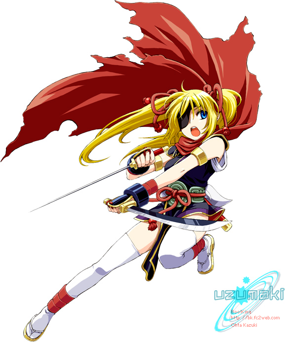 boo!king, naruko (naruto), uzumaki naruto, naruto (classic), naruto (series), blade, 1girl, blonde hair, blue eyes, bracelet, breasts, cape, cloak, determined, dual wielding, eyepatch, female focus, floating hair, full body, hair ornament, hair tie, hands up, holding, holding sword, holding weapon, jewelry, leg up, long hair, looking to the side, medium breasts, multiple swords, one-eyed, one eye covered, open mouth, outstretched leg, red cape, red cloak, sandals, serious, simple background, sleeveless, solo, sword, teeth, thighhighs, tongue, twintails, weapon, white thighhighs