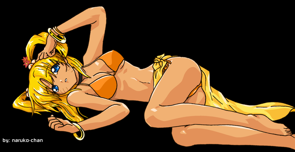 naruko (naruto), uzumaki naruto, naruto (classic), naruto (series), artist request, 1girl, arm up, ass, bare arms, bare shoulders, barefoot, bikini, black background, blonde hair, blue eyes, bra, bracelet, breasts, breasts apart, character name, facial mark, facing viewer, female focus, flower, full body, genderswap, genderswap (mtf), hair flower, hair ornament, hair tie, hand on own head, hand up, jewelry, legs together, long hair, looking at viewer, lying, medium breasts, navel, on side, orange bikini, orange bra, orange panties, panties, parted lips, sexy no jutsu, side-tie panties, simple background, solo, swimsuit, teeth, twintails, underboob, underwear, whisker markings, whiskers