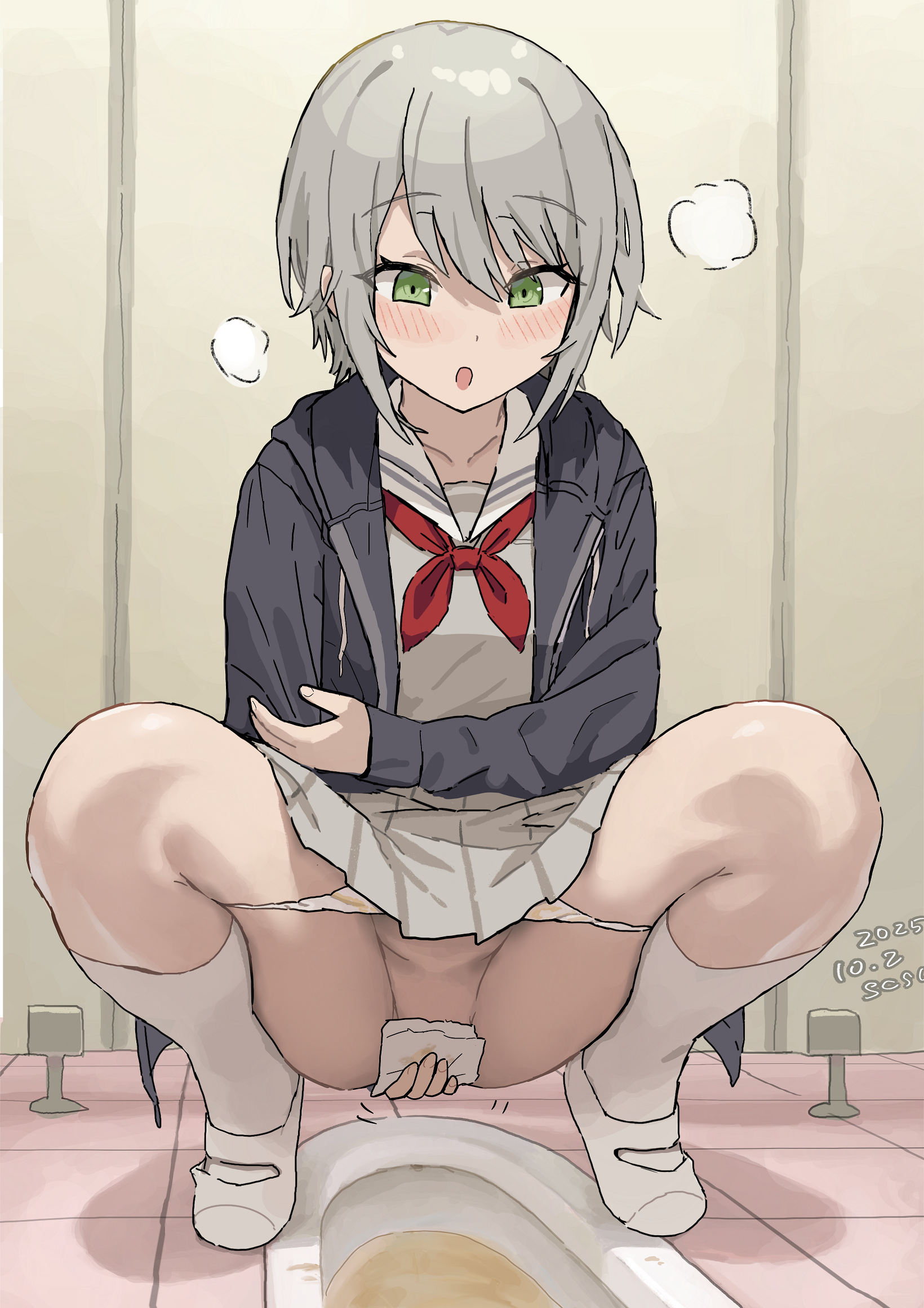 susu (ysy), hinomori shiho, project sekai, commentary request, highres, variant set, 1girl, after peeing, artist name, black jacket, blush, dated, full body, green eyes, grey hair, grey serafuku, grey shirt, grey skirt, hood, hooded jacket, indoors, jacket, long sleeves, neckerchief, open clothes, open jacket, open mouth, panties, panty pull, pee, pleated skirt, red neckerchief, sailor collar, school uniform, serafuku, shirt, shoes, short hair, sketch, skirt, socks, solo, squat toilet, squatting, steam, toilet paper, toilet use, underwear, uwabaki, white panties, white sailor collar, white shoes, white socks, wiping pussy
