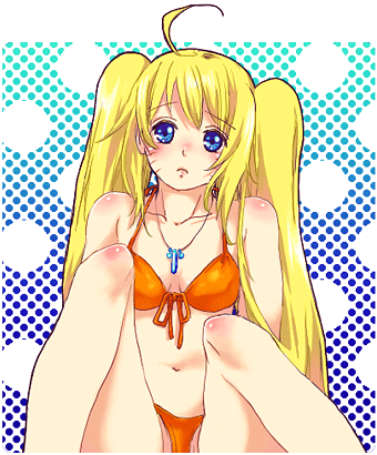 boo!king, naruko (naruto), uzumaki naruto, naruto (classic), naruto (series), lowres, 1girl, ahoge, bikini, blonde hair, blue eyes, blush, bra, breasts, breasts apart, closed mouth, collarbone, facial mark, facing viewer, female focus, front-tie bikini top, front-tie bra, front-tie top, genderswap, genderswap (mtf), jewelry, long hair, looking at viewer, medium breasts, navel, necklace, orange bikini, orange bra, orange panties, panties, sexy no jutsu, sitting, solo, spread legs, swimsuit, twintails, underwear, whisker markings, whiskers