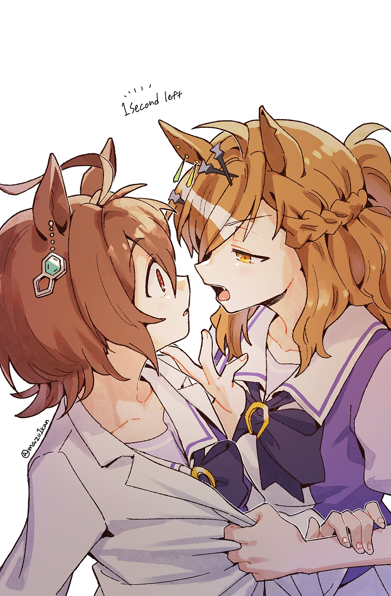 mazu1kan, agnes tachyon (umamusume), jungle pocket (umamusume), umamusume, commentary request, highres, 2girls, ahoge, animal ears, artist name, bow, bowtie, braid, brown hair, clothes grab, collarbone, dated commentary, english text, eye contact, half up braid, horse ears, horse girl, long sleeves, looking at another, medium hair, multiple girls, open mouth, orange eyes, orange hair, parted lips, purple bow, purple bowtie, purple shirt, red eyes, school uniform, shirt, shirt grab, short hair, simple background, v-shaped eyebrows, white background, white shirt
