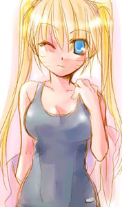 mako (omega plus), naruko (naruto), uzumaki naruto, naruto (classic), naruto (series), lowres, 1girl, bare arms, blonde hair, blue eyes, breasts, cleavage, closed mouth, collarbone, facial mark, facing viewer, female focus, genderswap, genderswap (mtf), hand up, long hair, looking at viewer, medium breasts, one-piece swimsuit, one eye closed, sexy no jutsu, simple background, solo, standing, swimsuit, twintails, upper body, whisker markings, whiskers, wink