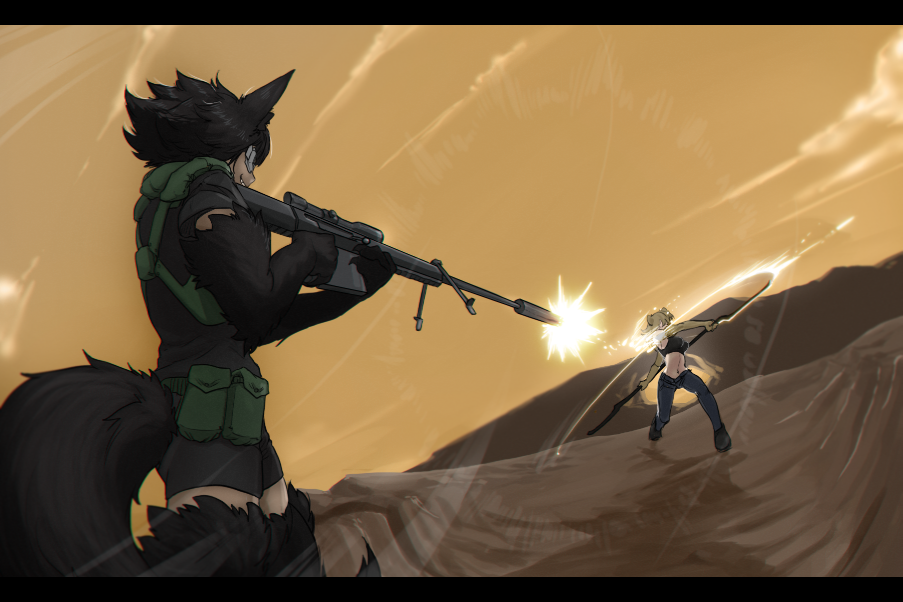 less, egyptian mythology, monster girl encyclopedia, highres, 2015, 2girls, abs, ammunition pouch, ancient egyptian, animal ears, animal hands, animal legs, anti-materiel rifle, barrett m82, bike shorts, bipod, bobanon, braid, dark-skinned female, dark skin, deflect, fighting, full body, gun, holding, holding gun, holding weapon, lion girl, magazine (weapon), midriff, monster girl, multiple girls, muzzle device, navel, pouch, rifle, scope, sekhmet(less/bob), sharp teeth, sniper rifle, suppressor, tactical clothes, tail, tall female, teeth, vagabonds, weapon, wolf girl