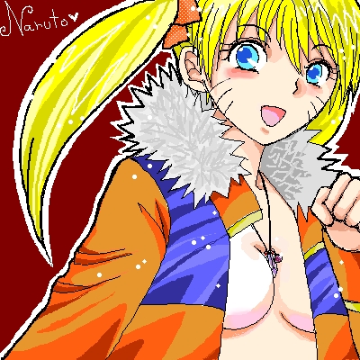 naruko (naruto), uzumaki naruto, naruto (classic), naruto (series), artist request, lowres, 1girl, blonde hair, blue eyes, blue jacket, blush, breasts, character name, cleavage, clenched hand, facial mark, facing viewer, female focus, fur-trimmed jacket, fur trim, genderswap, genderswap (mtf), hair ornament, hair ribbon, hair tie, hand up, happy, heart, jacket, jewelry, long hair, long sleeves, looking at viewer, medium breasts, necklace, no bra, open clothes, open jacket, open mouth, orange jacket, orange ribbon, red background, ribbon, sexy no jutsu, smile, solo, tongue, twintails, upper body, whisker markings, whiskers