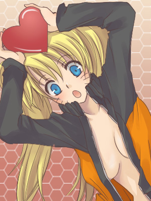naruko (naruto), uzumaki naruto, naruto (classic), naruto (series), naruto shippuuden, artist request, lowres, 1girl, arms up, black jacket, blonde hair, blue eyes, blush, breasts, breasts apart, collarbone, facial mark, facing viewer, female focus, genderswap, genderswap (mtf), hands up, heart, holding, jacket, long hair, long sleeves, looking at viewer, medium breasts, multicolored jacket, naked jacket, no bra, open mouth, orange jacket, sexy no jutsu, solo, tongue, twintails, upper body, whisker markings, whiskers, wide-eyed